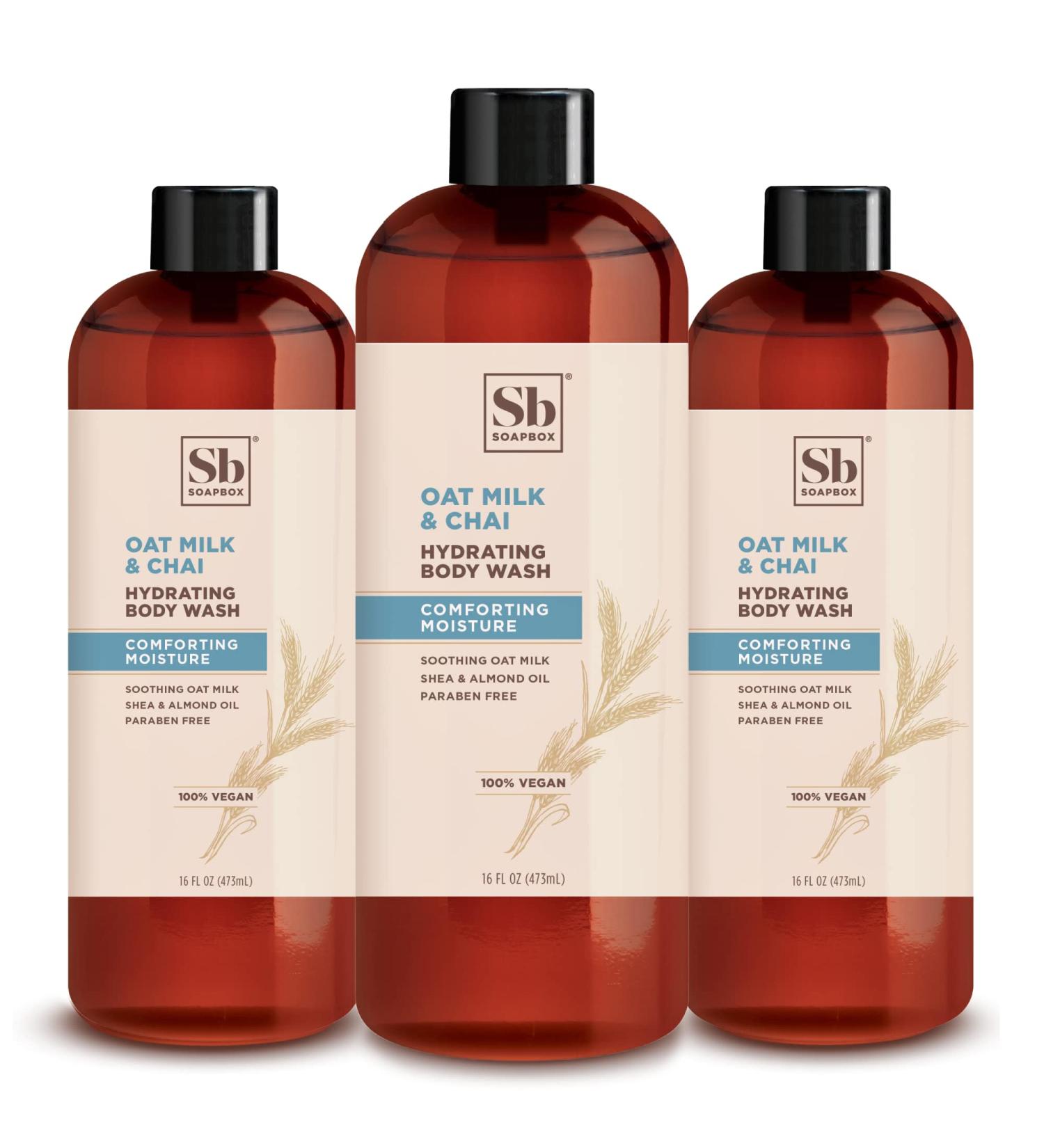 Soapbox Oat Milk & Chai Body Wash 16oz - Moisturizing Cleanser with Shea Butter & Almond Oil | Paraben, Gluten, Silicone Free | Vegan, Cruelty Free | Pack of 3 - Buy Online on SooperMarket.com