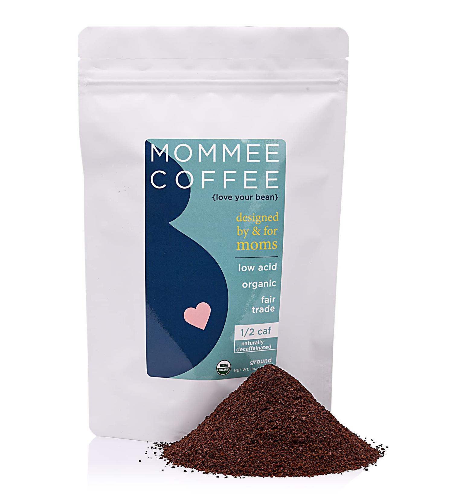 Mommee Coffee Half Caf Ground Low Acid Organic Coffee - Smooth Caramel Flavor - Medium Grind for Drip - 11 oz Pack of 1 - Buy Online on SooperMarket.com