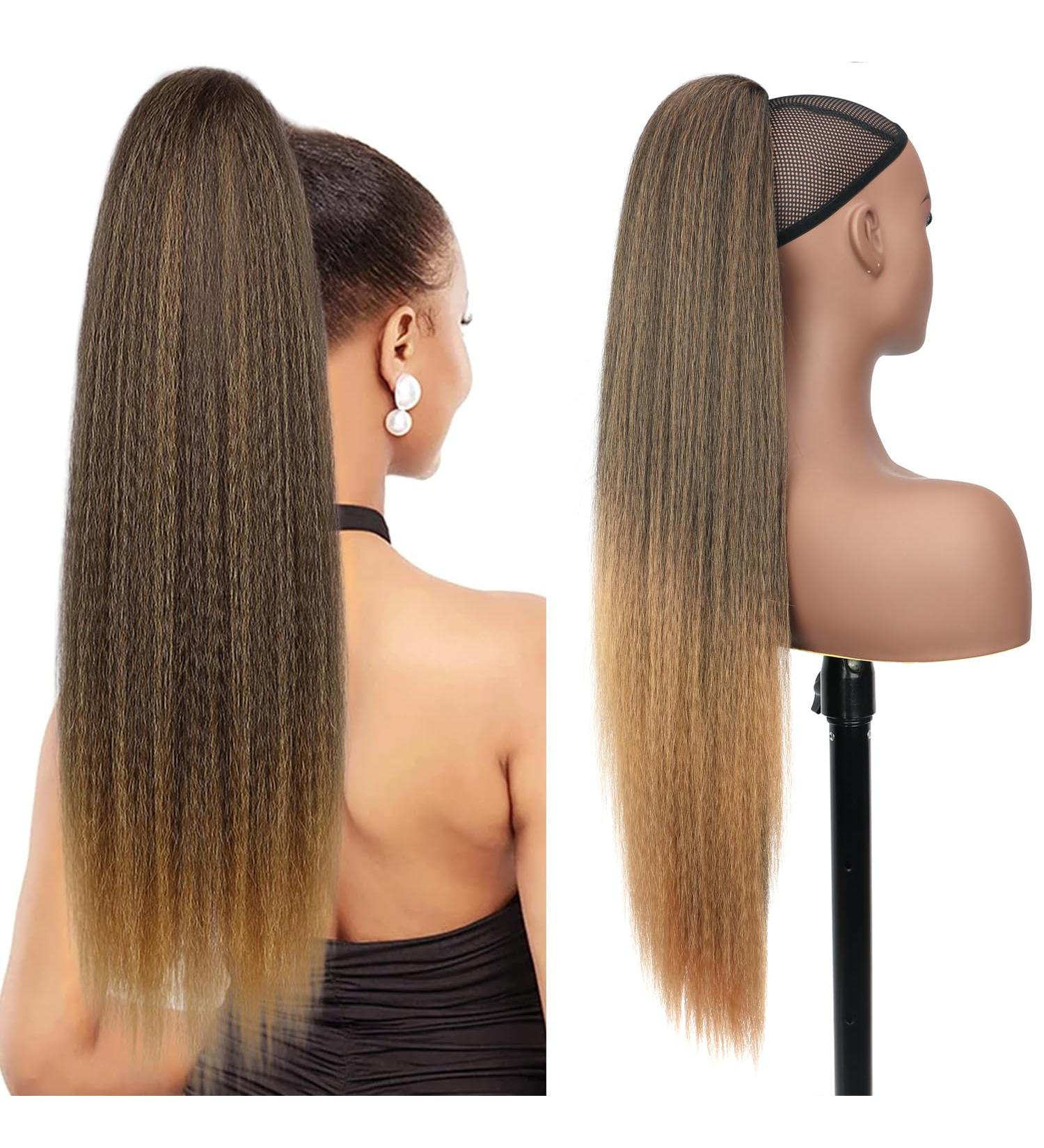 PORSMEER 30 Inch Yaki Straight Drawstring Ponytail Clip In Extensions for Women Kinky Straight Pony Tail Extensions Hair Extensions Ponytail (Black mix blonde) - Buy Online on SooperMarket.com