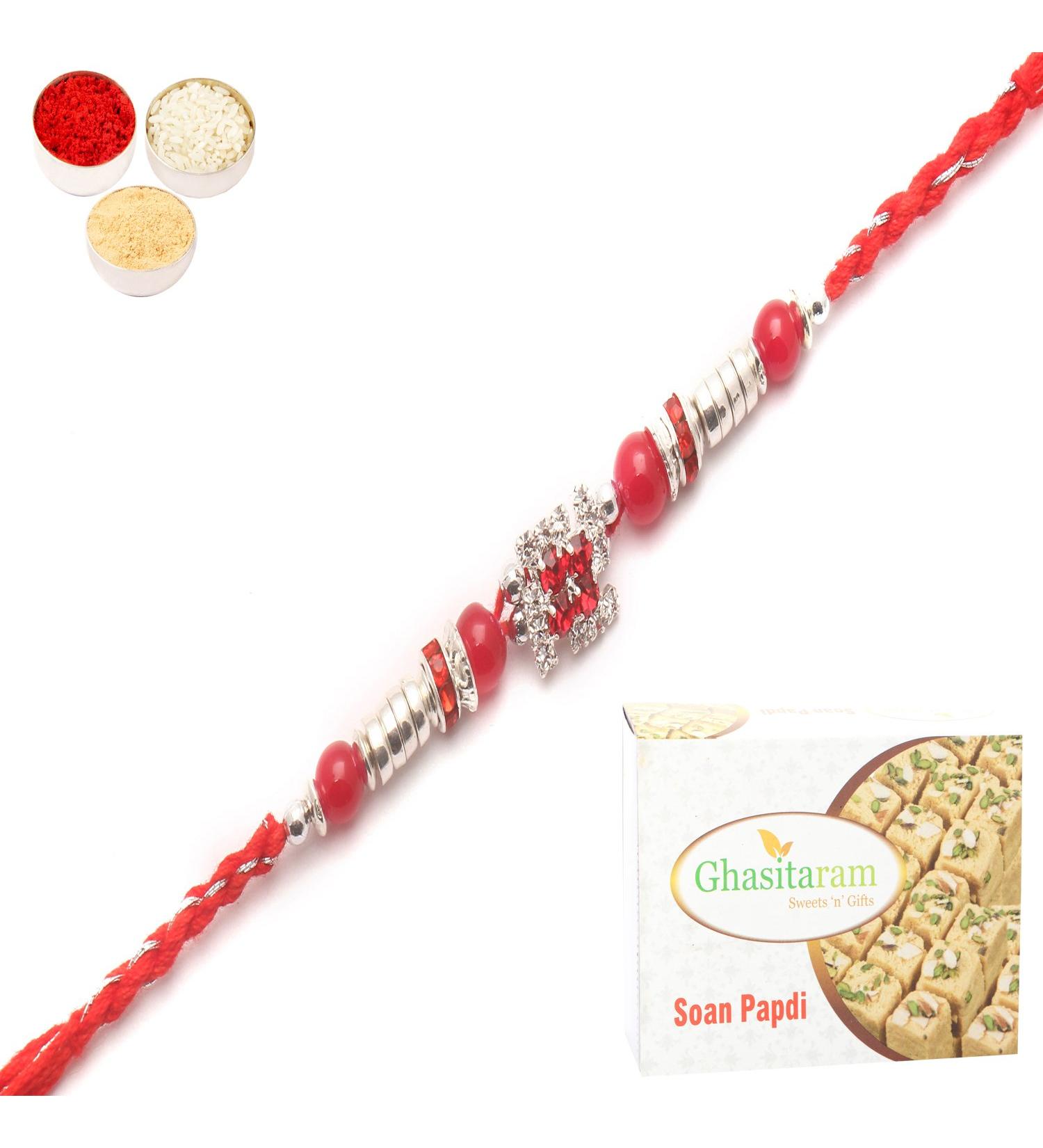 Ghasitaram Gifts Rakhi for Brother Rakhis Online - 8983 Diamond Rakhi with 400 GMS of Soan Papdi - Buy Online on SooperMarket.com