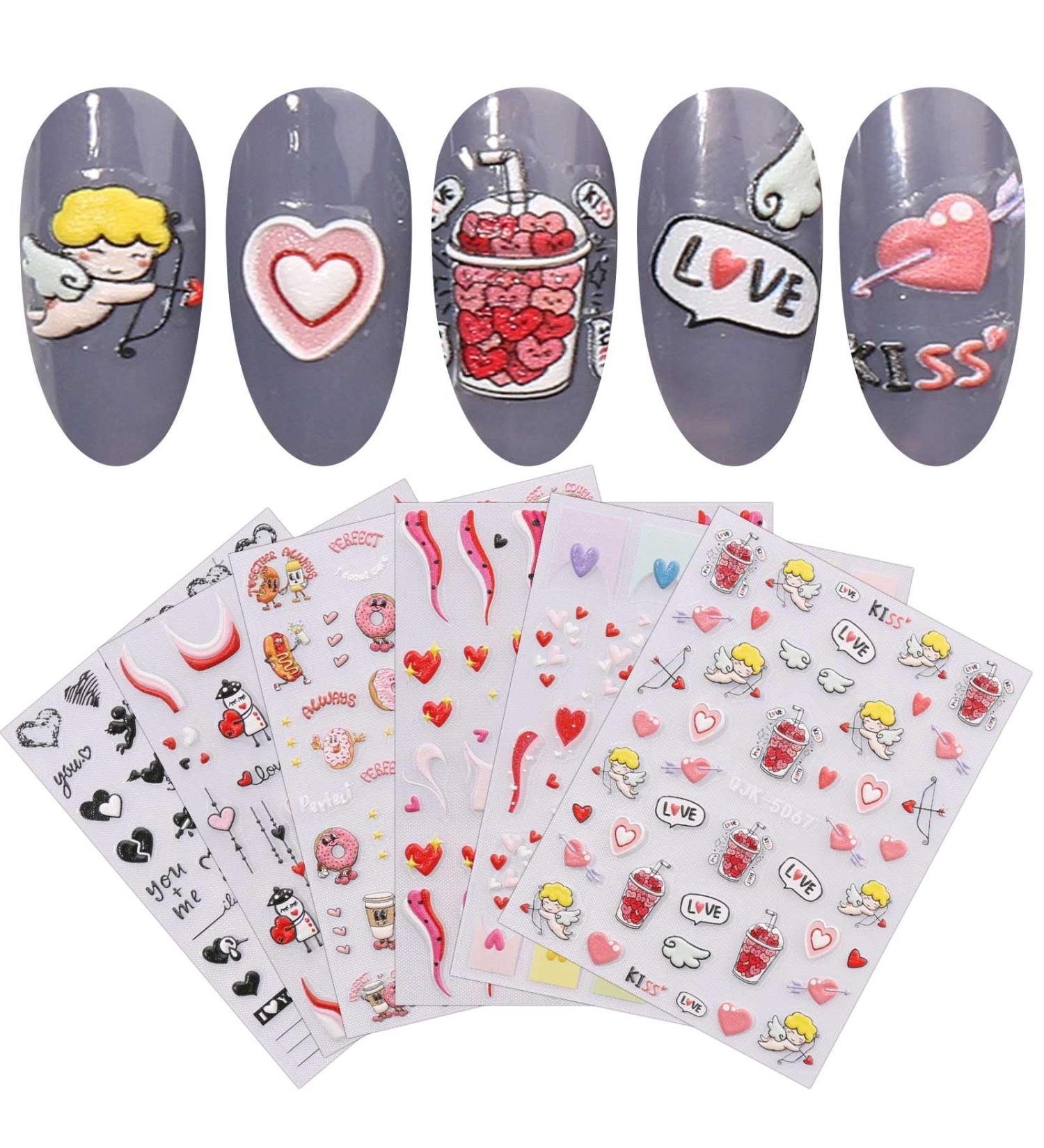 JMEOWIO 6 Sheets 3D Embossed Valentines Day Heart Nail Art Stickers Decals Self-Adhesive 5D Cute Colorful Nail Supplies Nail Art Design Decoration Accessories - Buy Online on SooperMarket.com