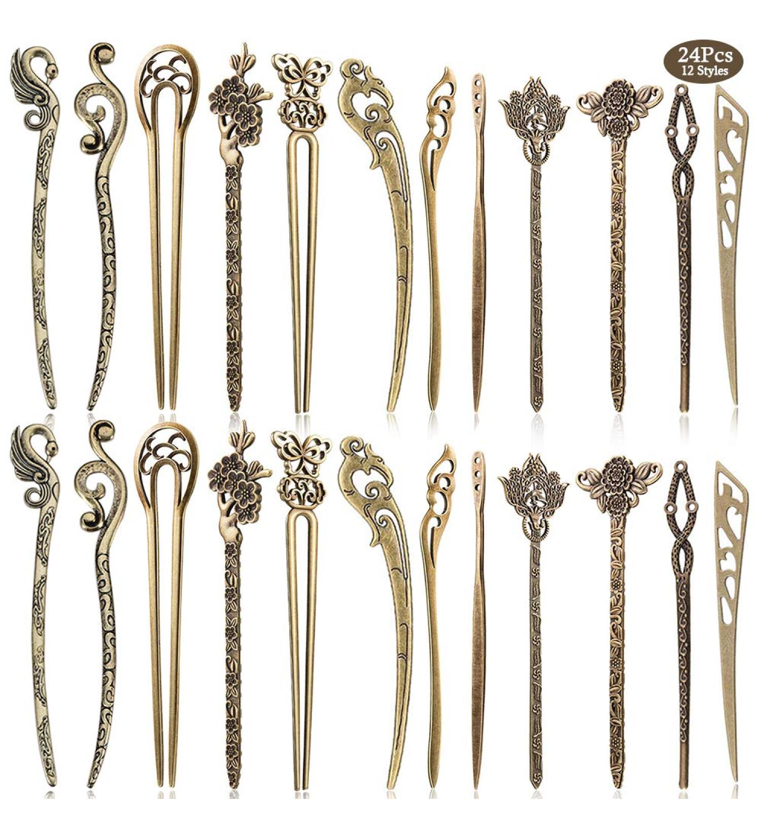 AUHOKY 24Pcs Chinese Women Hair Sticks Vintage Bronze Decorative Hair Pin Chopsticks - 12 Styles Antique Retro Hair Forks DIY Accessory - Buy Online on SooperMarket.com