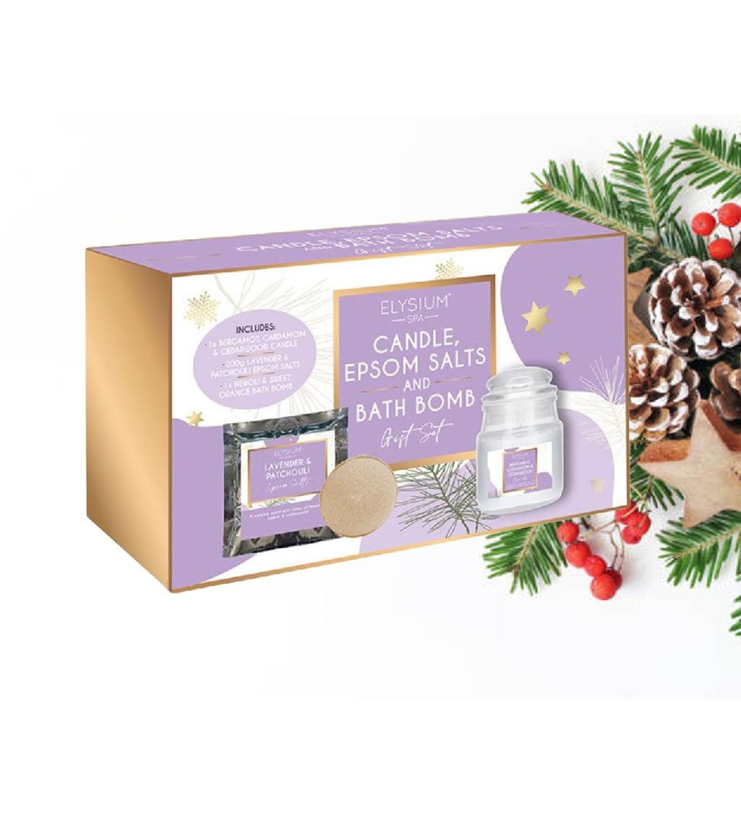 Elysium Spa Scented Candle Epsom Salts & Bath Bomb Gift Set Lavender Cedarwood Neroli Scents - Buy Online on SooperMarket.com