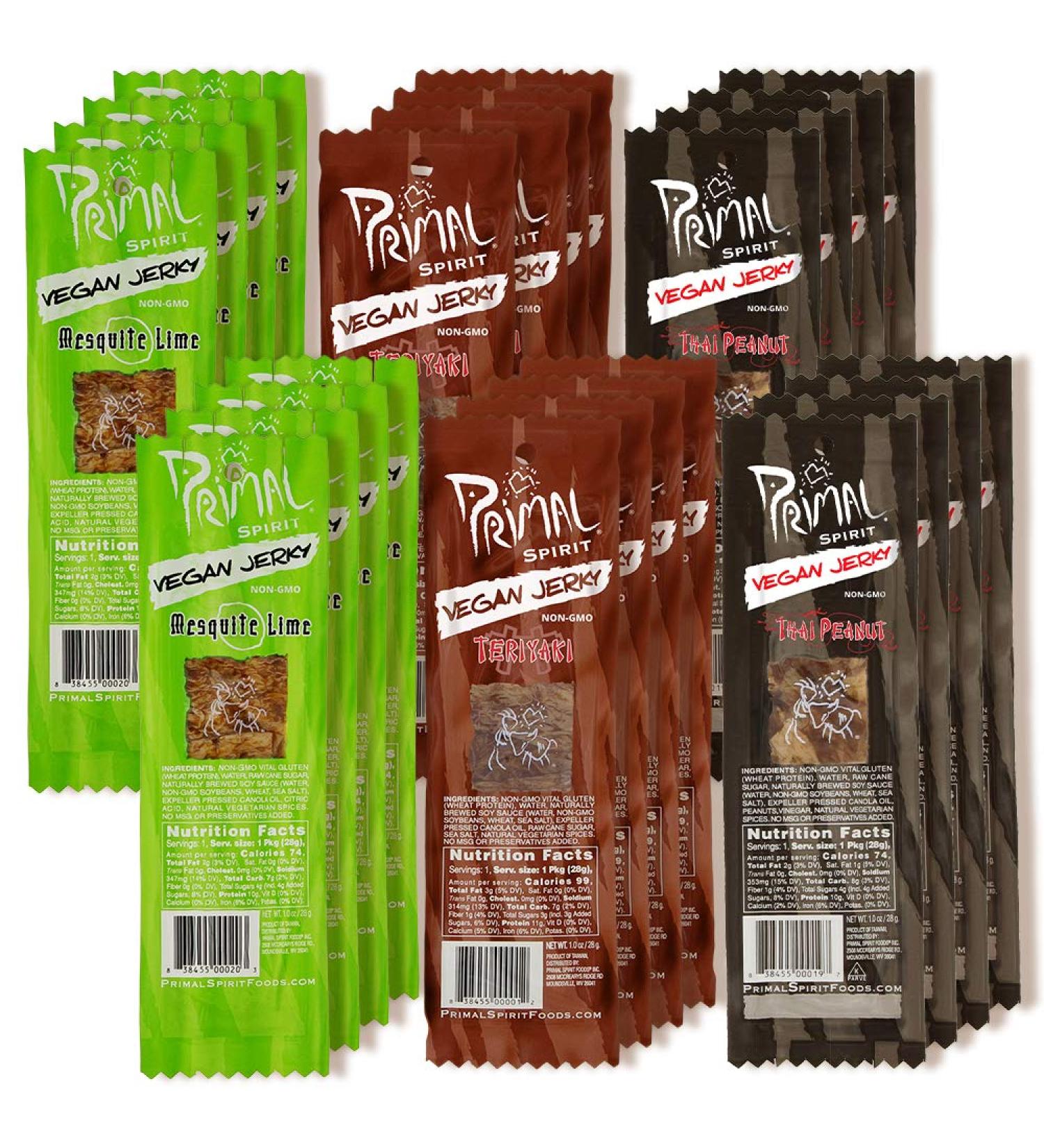 Primal Spirit Vegan Jerky - Seitan Power Pack | 10g Plant Based Protein | Non-GMO | No Preservatives | 24-Pack 1oz (Classics: Teriyaki, Thai Peanut, Mesquite Lime) - Buy Online on SooperMarket.com