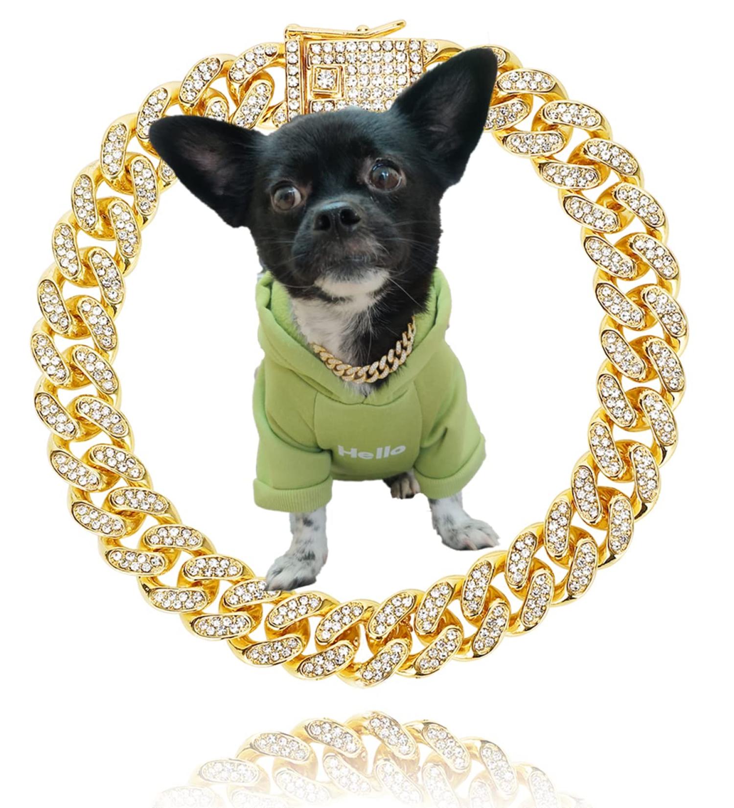 Gold Dog Collar puppy Zircon 14mm Cuban Link Chain 16" Handmade Iced out Diamond Exaggerated Clasp Full Cz Prong Set Pet Jewelry - Buy Online on SooperMarket.com