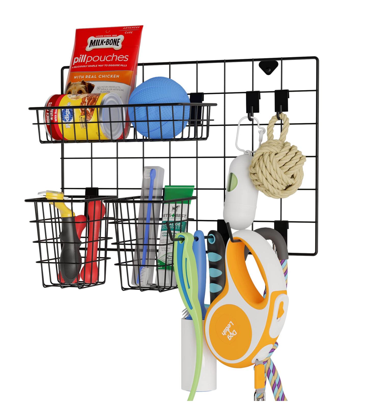 Wall35 Pluto Pet Supplies Organizer - Wall Mount Wire Basket with Hooks for Dog Leash and Cat Collars - Black Metal - Buy Online on SooperMarket.com