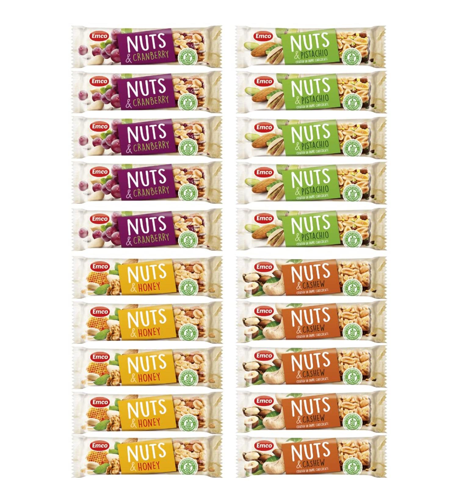 Emco Nut Bar Variety Pack - Gluten Free - Pistachio, Cashew, Honey & Cranberry - 20 Individually Wrapped Snack Bars - Buy Online on SooperMarket.com