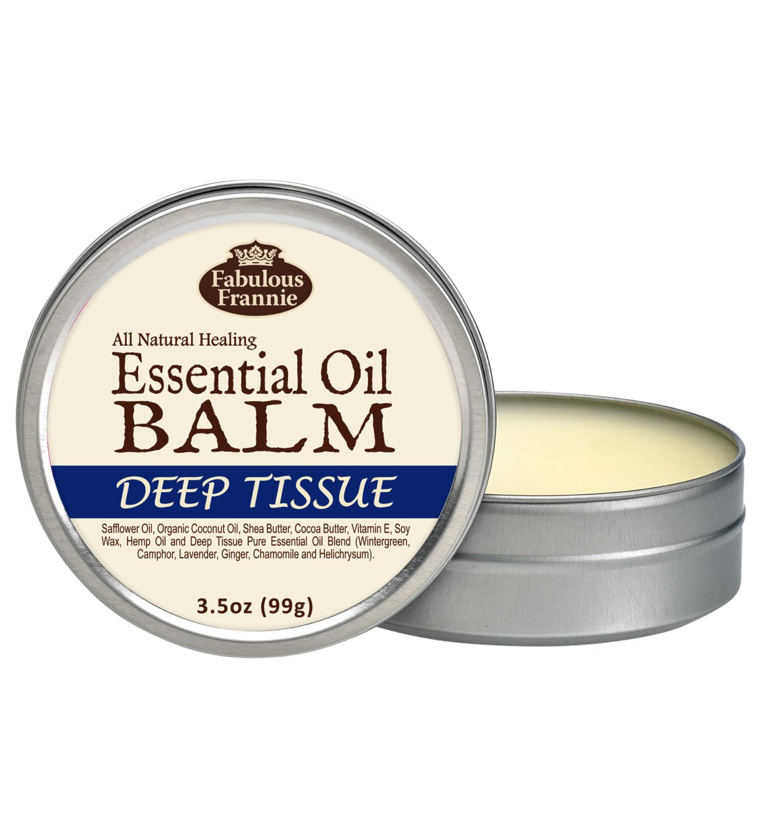 Fabulous Frannie Deep Tissue All Natural Essential Oil Healing Balm made with Organic Coconut Oil Shea Butter Cocoa Butter Vitamin E and Hemp Oils 3.5oz (Pack of 1) Deep Tissue 3.5 Ounce (Pack of 1)