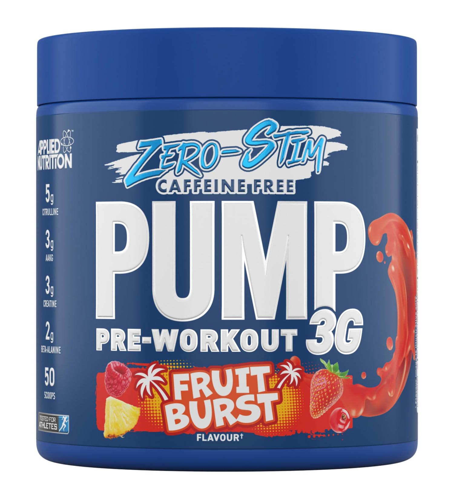 Pump Zero Pre-Workout - Caffeine-Free Energy & Performance (Fruit Burst, 375g) - 25 Servings - Buy Online on SooperMarket.com