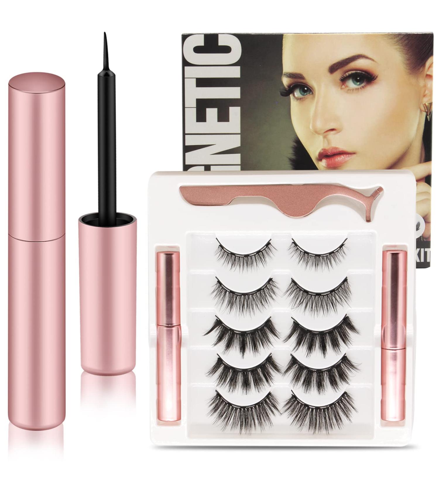 Autdor Magnetic Eyelashes Kit - 5 Pairs of Reusable 3D False Lashes with Strong Magnetic Eyeliner and Tweezers - Buy Online on SooperMarket.com