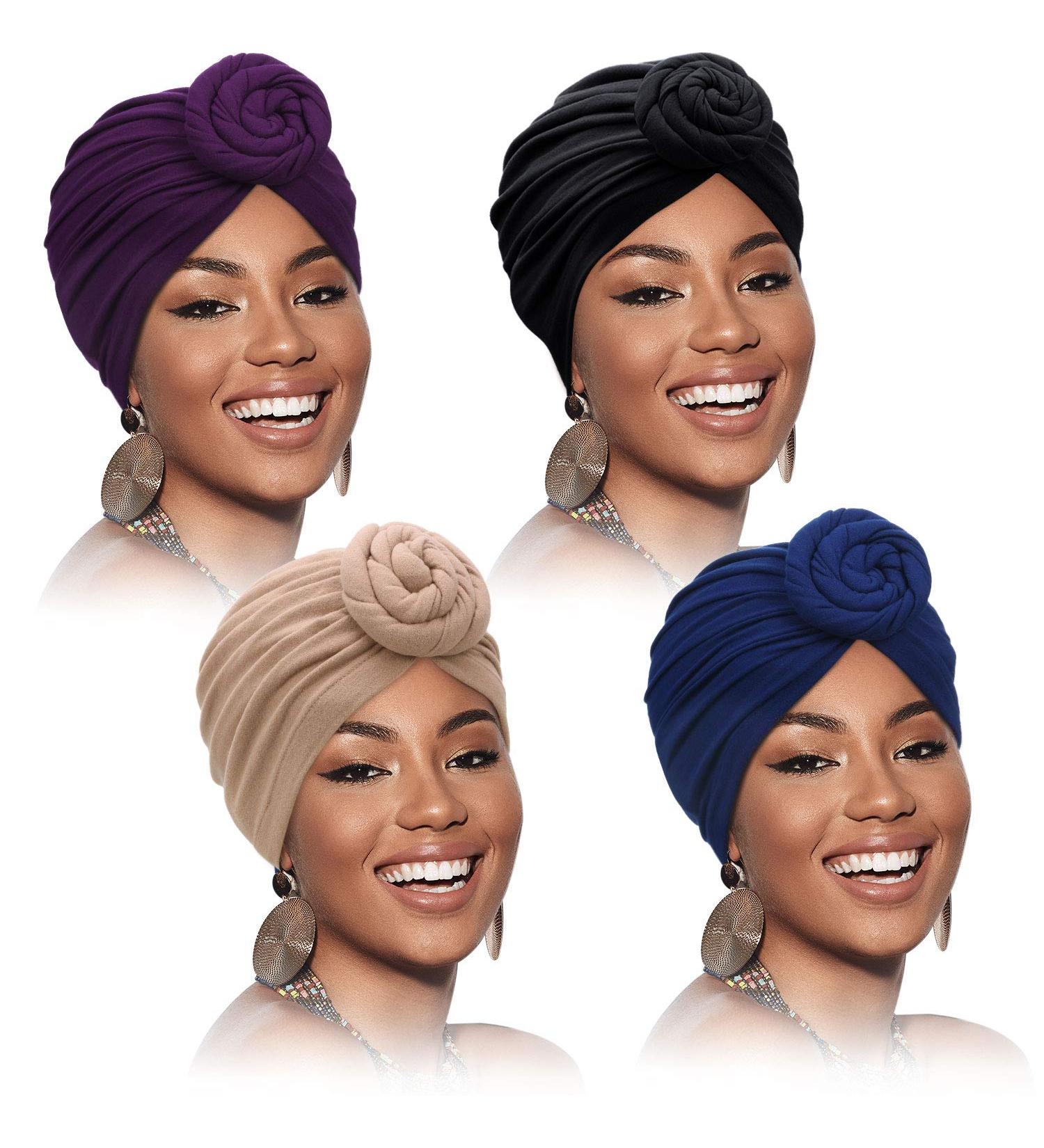 SATINIOR African Pattern Headwrap Set - Pre-Tied Bonnet Turban Knot Beanie Cap in Purple, Black, Navy, Camel - 4 Pieces - Buy Online on SooperMarket.com