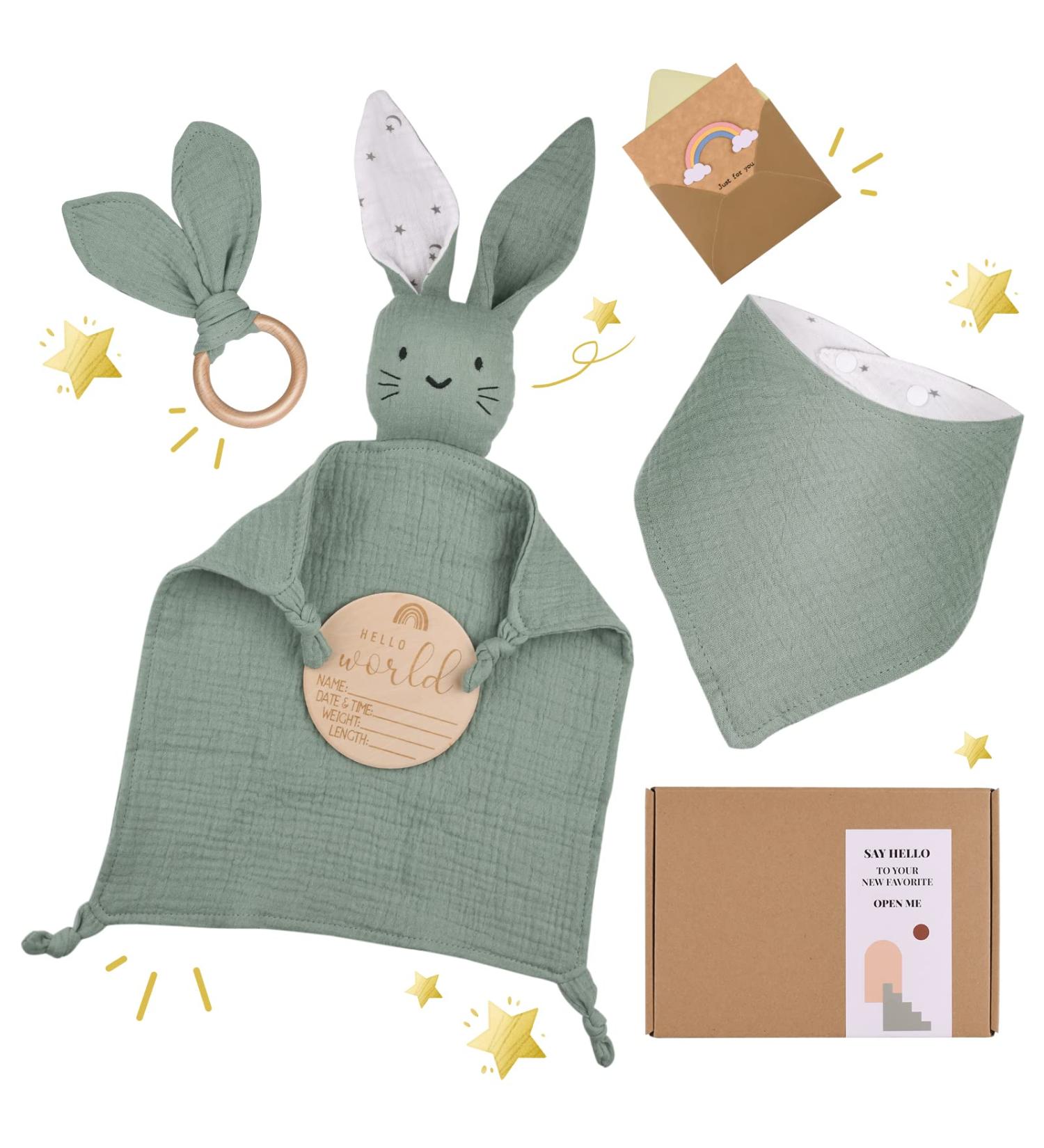 Laferka Baby Gift Set for Boys & Girls - Newborn 100% Cotton Cuddling Cloth Bibs Bite Ring & Wooden Shield - Perfect Birth Gift - Buy Online on SooperMarket.com