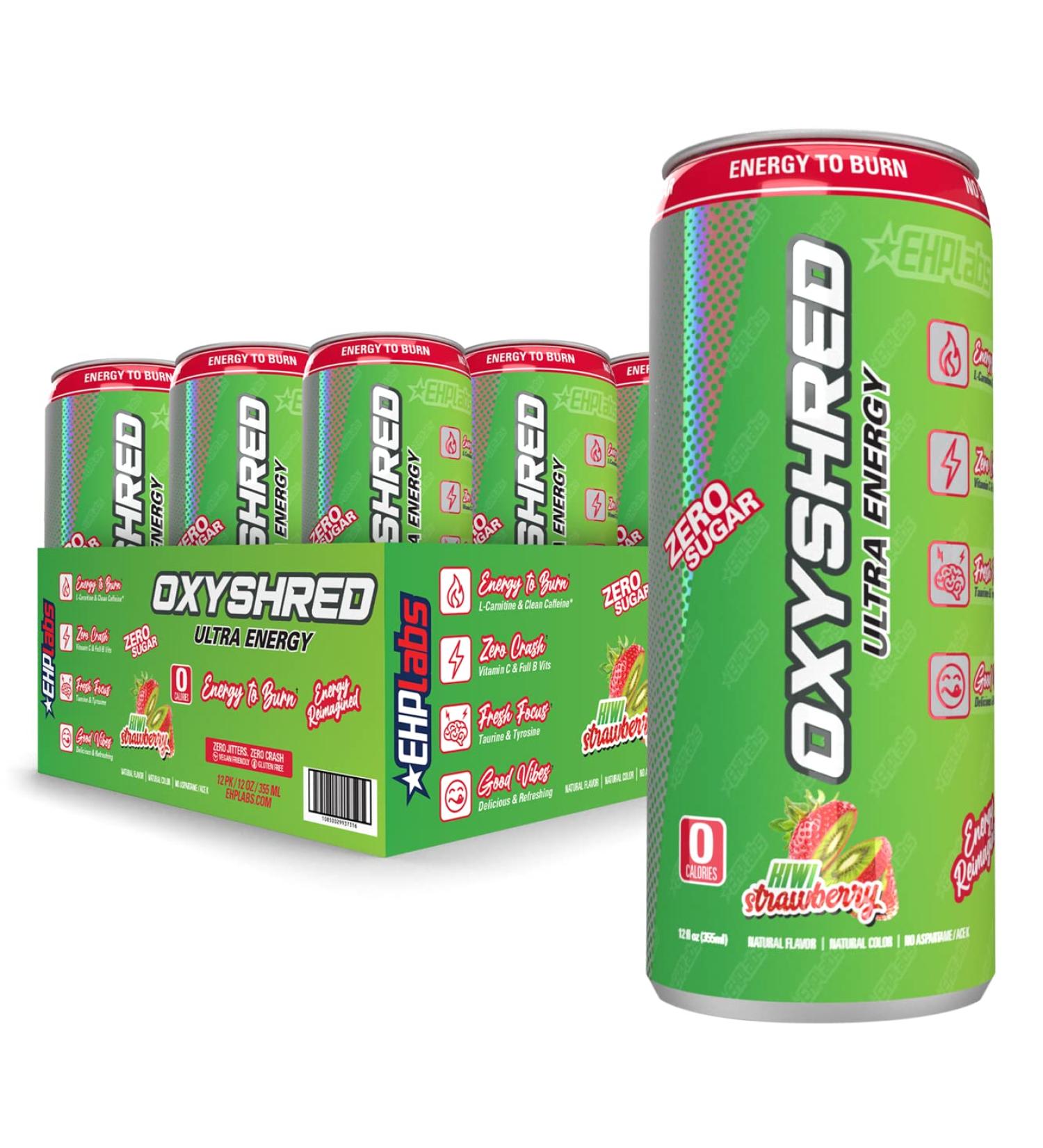 EHP Labs OxyShred Healthy Energy Drink - Zero Sugar Zero Carbs Kiwi Strawberry 12-Pack with Amino Acids & Green Tea Extract - Buy Online on SooperMarket.com