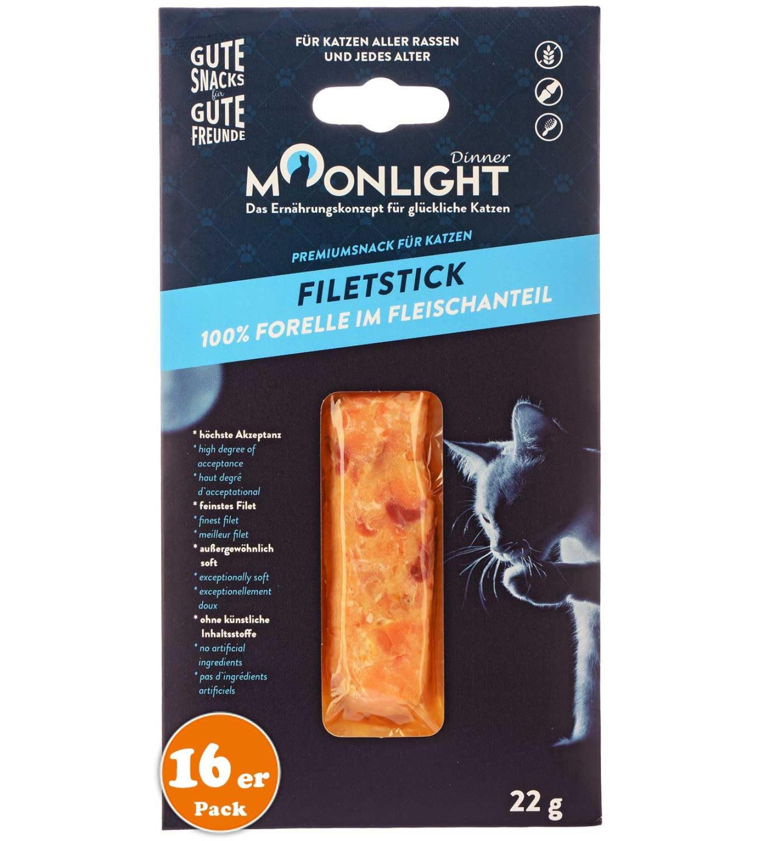 Moonlight Katzensnack Filet stick with trout cereal-free 100% trout in the meat content Katzenleckerli with high acceptance exceptionally soft (16 x 22 g trout) trout (16 Pack)
