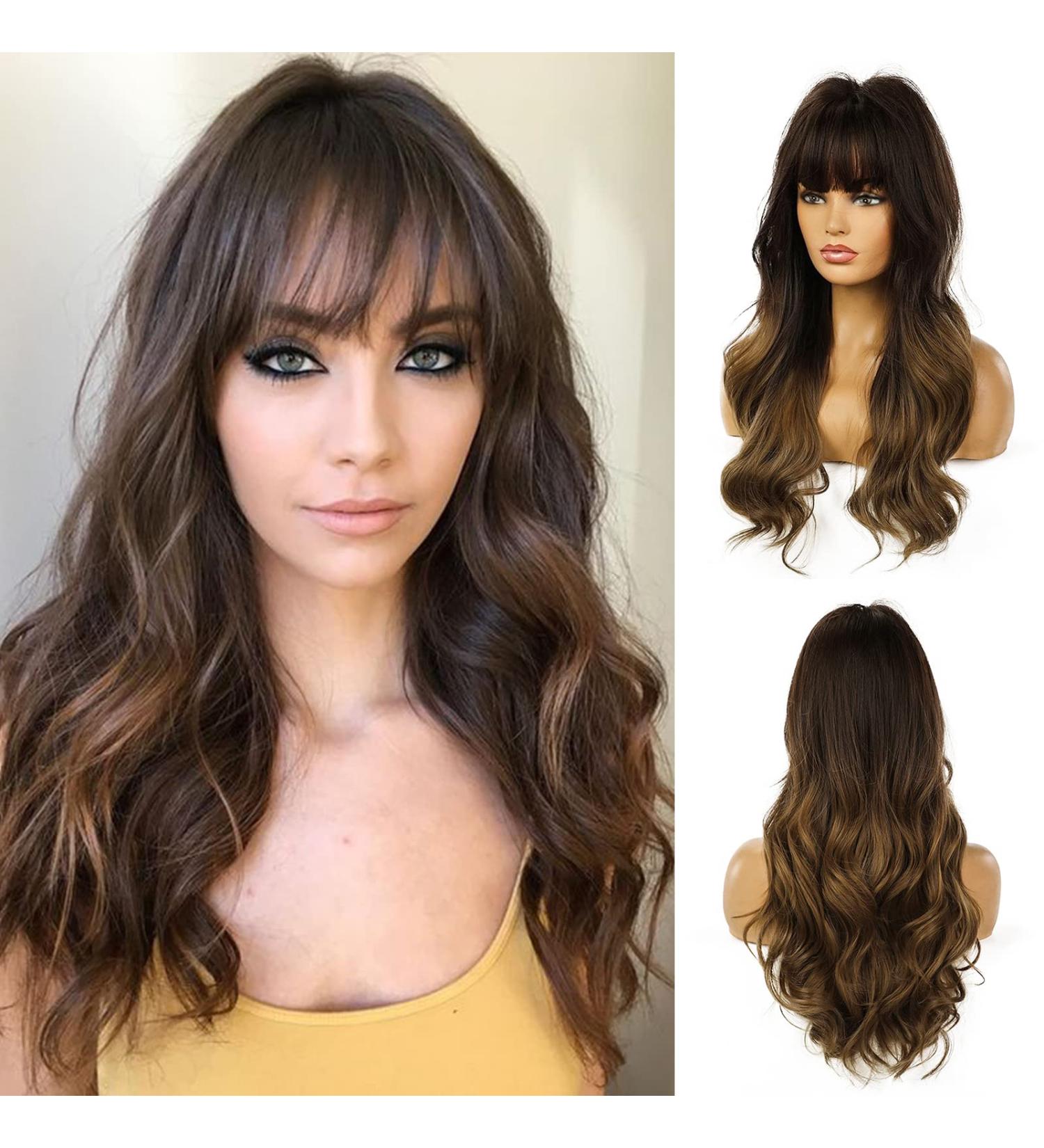 Esmee 24 Curly Hair Wigs for Women - Brown Heat Resistant Synthetic Wigs with Bangs | International Shipping Available - Buy Online on SooperMarket.com