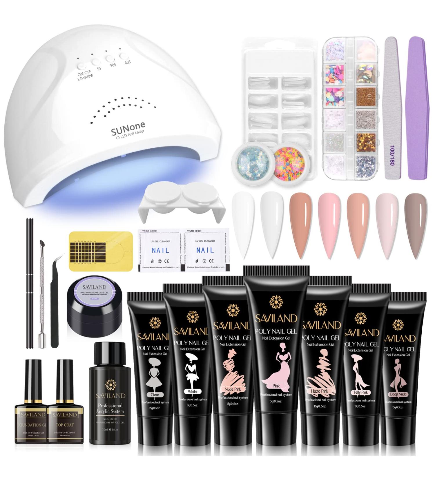 Saviland Poly Nail Gel Kit - Pink Series 7 Colors Nail Extension Set with 48W Nail Lamp and Manicure Tools - for Salon Quality Nails at Home - Buy Online on SooperMarket.com