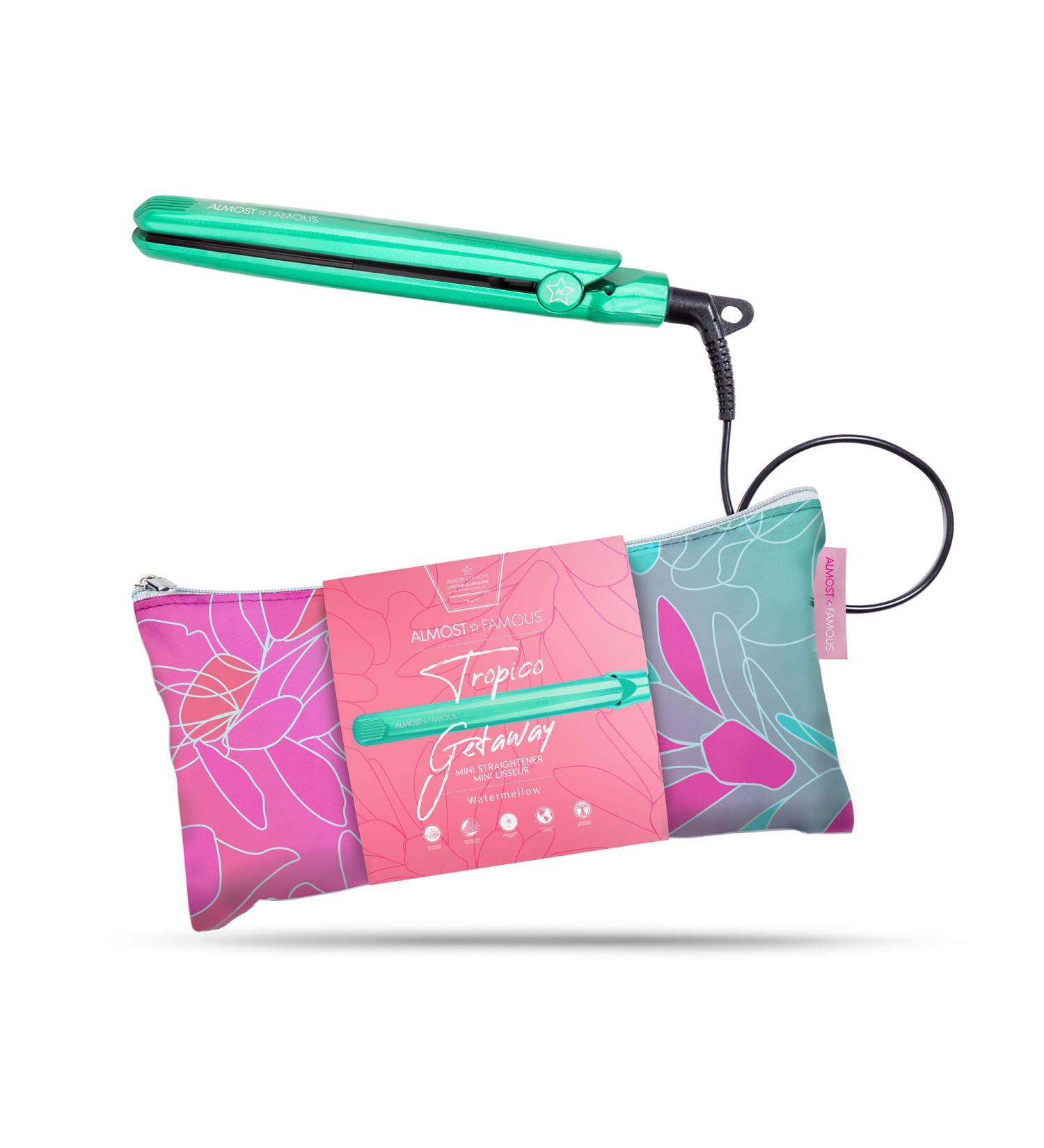 Almost Famous Tropico Getaway Mini Tourmaline & Ceramic Hair Straightener Flat Iron - Travel-Ready with Stylish Bag - Perfect for All Hairstyles (Watermellow - Buy Online on SooperMarket.com