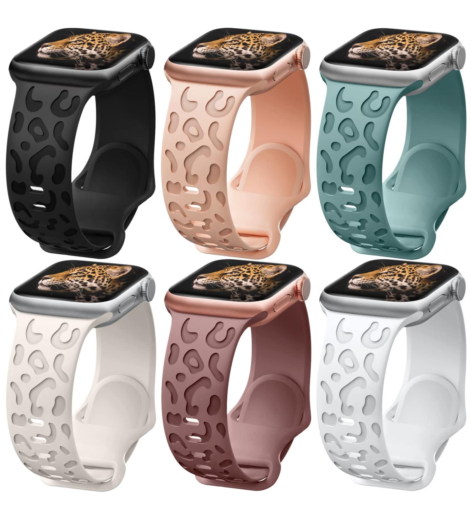 6 Pack Leopard Engraved Apple Watch Bands - Waterproof Cheetah Sport Silicone Wristbands for Women - Compatible with iWatch Series 8 7 6 5 4 3 2 SE - Starlight-38 A - Black/Pink Sand/Pine Green/Starlight/Smoke Violet/White - Buy Online on SooperMarket.com