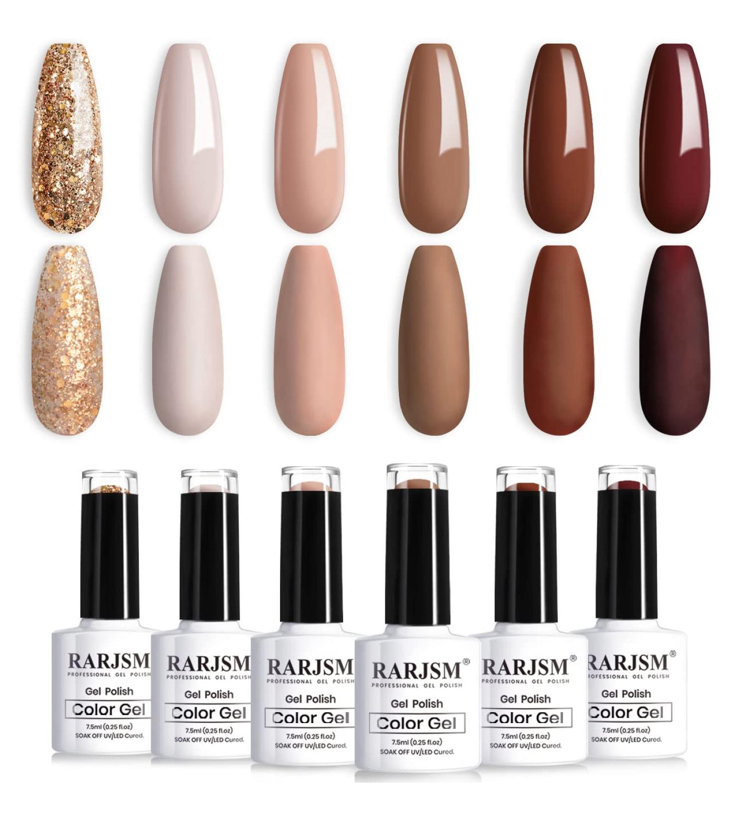 6-Piece Gel Nail Polish Set: Brown, Coffee, Wine Red, Burgundy, Nude, Purple, Pink, Champagne, Gold Glitter - Winter Colors | Soak Off, Salon-Quality, Ideal for Beginners & DIY Manicures - Buy Online on SooperMarket.com