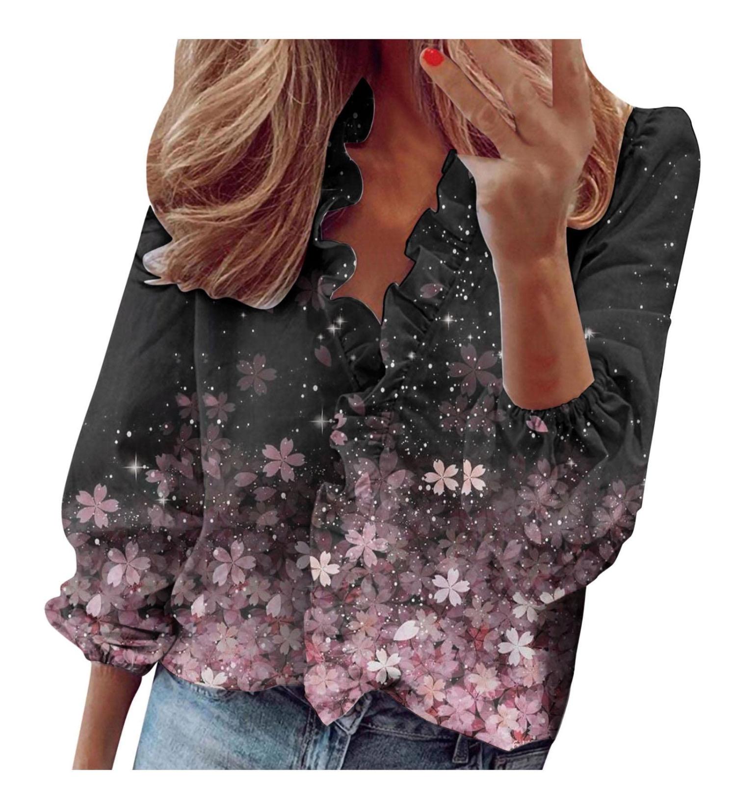 AMhomely Ruffle Blouse for Women V Neck Long Sleeve Blouse Top Shirt Blouse Boho Floral Printed Shirts Ladies Elegant Shirt Office Work Blouses UK Size S M L XL XXL XXXL XXXXL XXXXXL 018 - Long Sleeve Tee Shirts - Pink S - Buy Online on SooperMarket.com