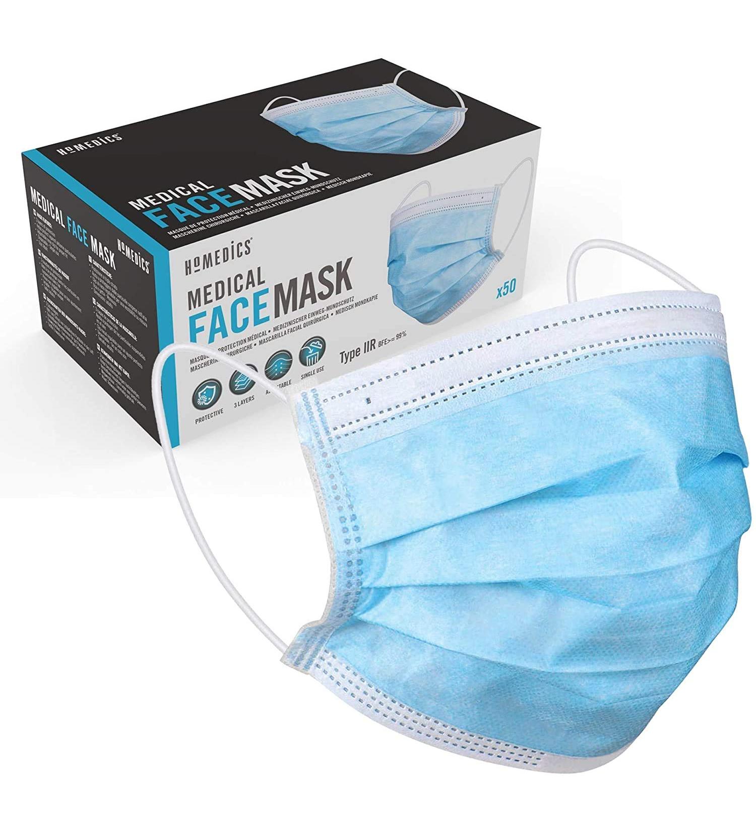 Buy Homedics IIR Medical Disposable Masks - 50 pcs | Three-Layer Respiratory Protection Adjustable Nose Bracket Dust Protection - Buy Online on SooperMarket.com