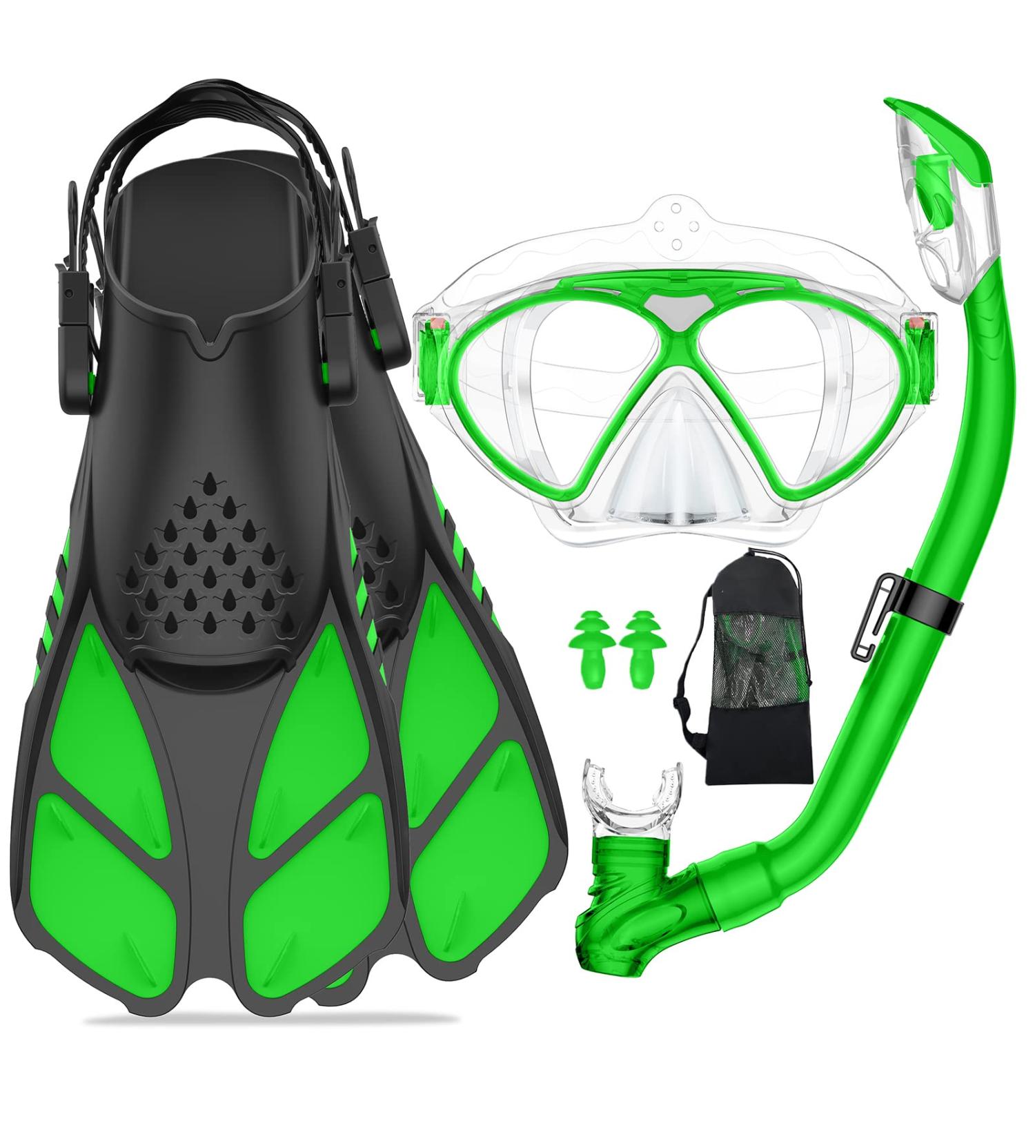 WANFEI Kids Mask Fin Snorkel Set - Dry Top Snorkel, Diving Flippers, Panoramic View Diving Mask - Green | Snorkeling Gear for Boys and Girls - Buy Online on SooperMarket.com