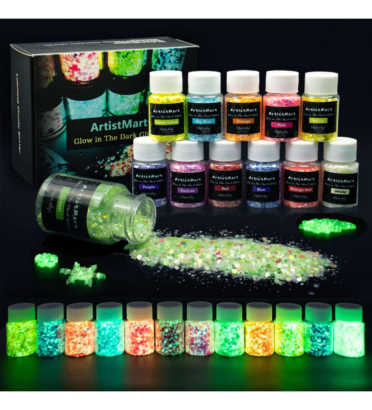 Glow in The Dark Chunky Glitter Set - 12 Colors - High Luminous Holographic Glitter for Crafts, Tumblers, Resin, Epoxy, Slime - Cosmetic Grade for Nails, Face, Body - 144g - Buy Online on SooperMarket.com