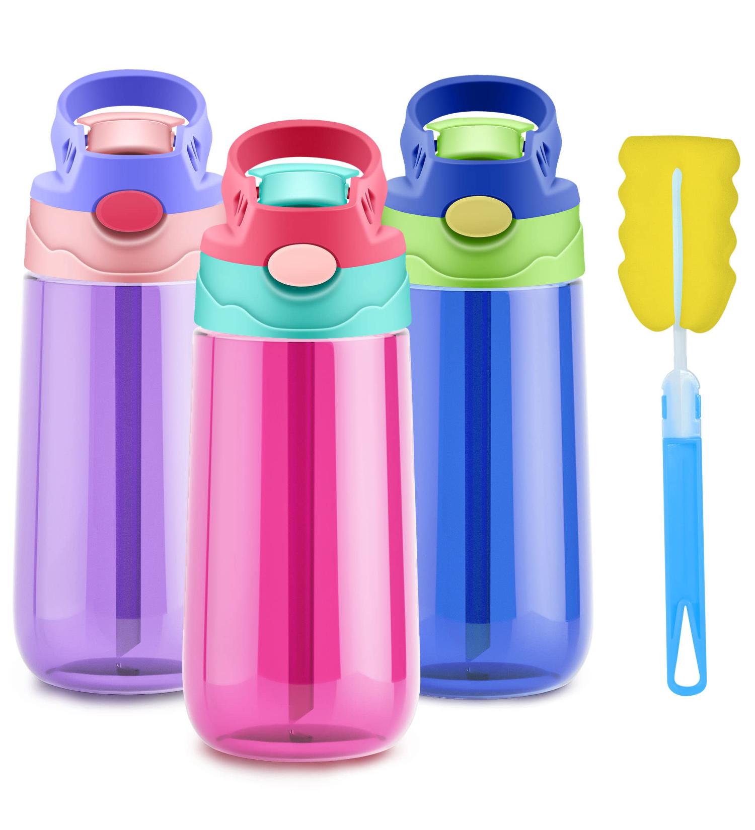 ROISDIYI Kids Water Bottle with Straw - 16oz 3 Pack, Spill Proof & Ideal for Travel - Easy Clean, Dishwasher Safe - Press Button for Pop Up Straw - Buy Online on SooperMarket.com