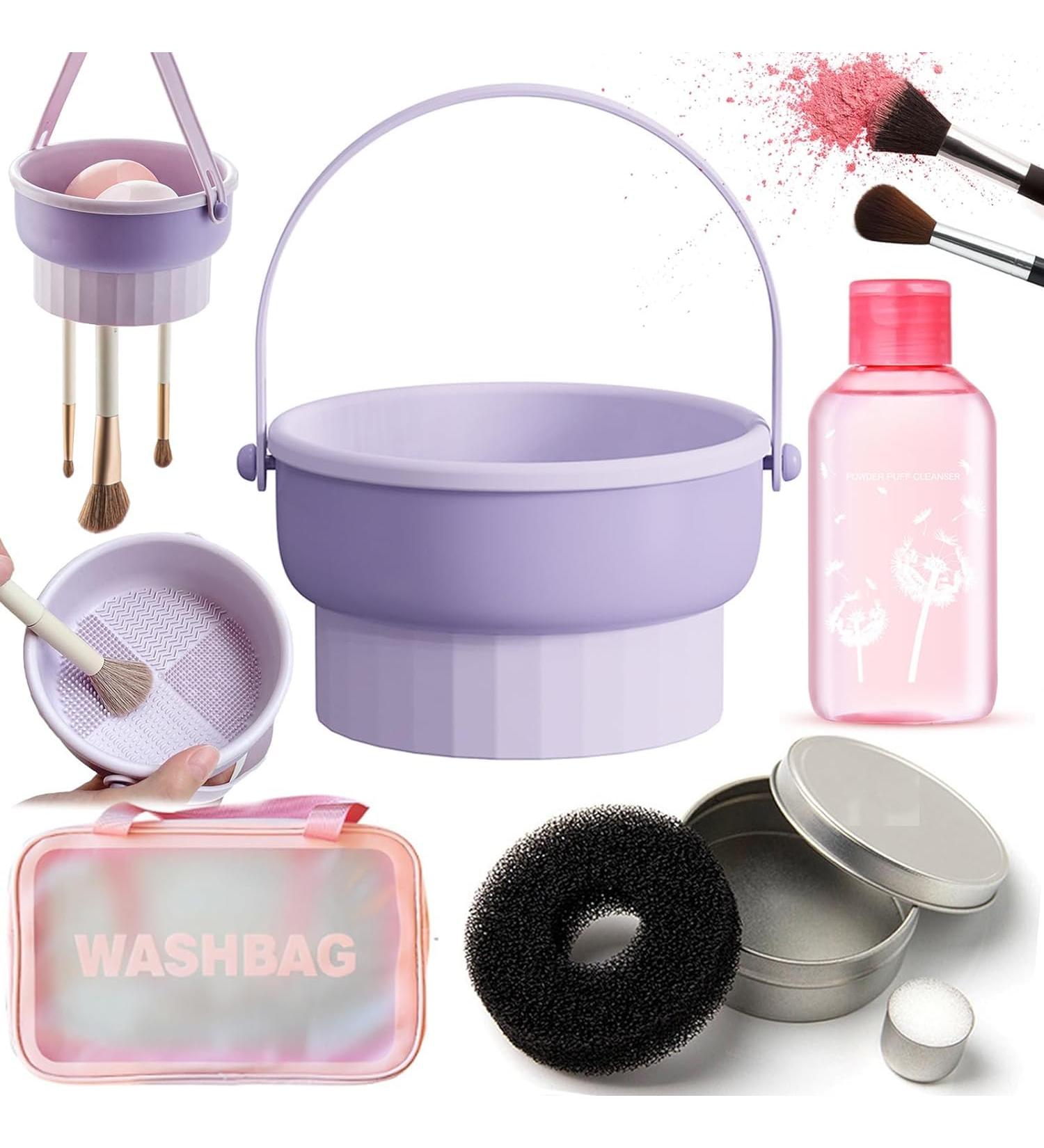 QUKLOGEN 3 in 1 Makeup Brush Cleaning Set Multifunctional Washing Bowl Drying Basket with Handle Silicone Cleaner Mat Removal Cleaner Sponge 150ml/5.12fl.oz Professional Makeup Brush Cleaner Purple - Buy Online on SooperMarket.com
