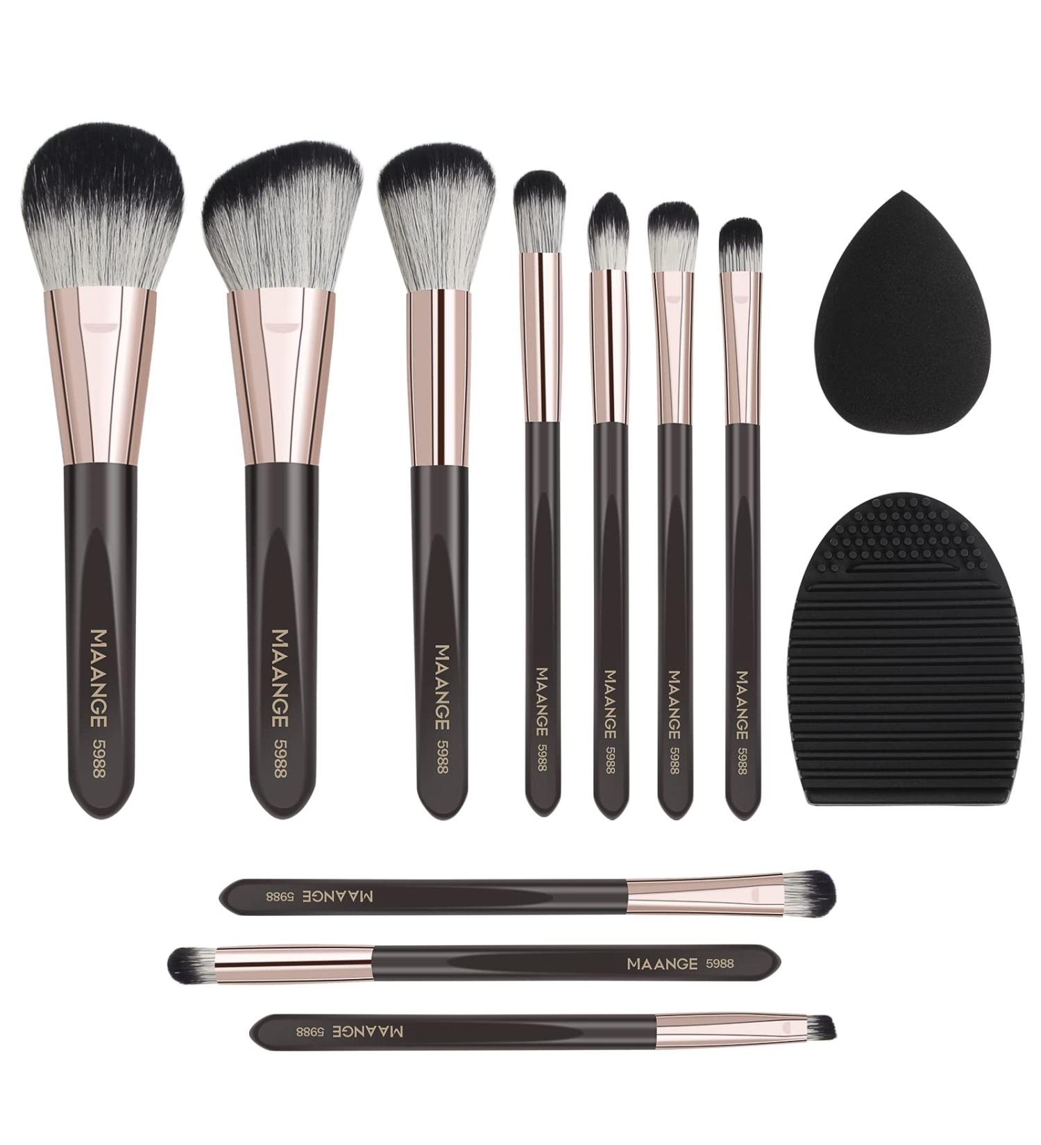 10 Pcs Professional Makeup Brush Set with Sponge & Cleaner - Brown - Buy Online on SooperMarket.com