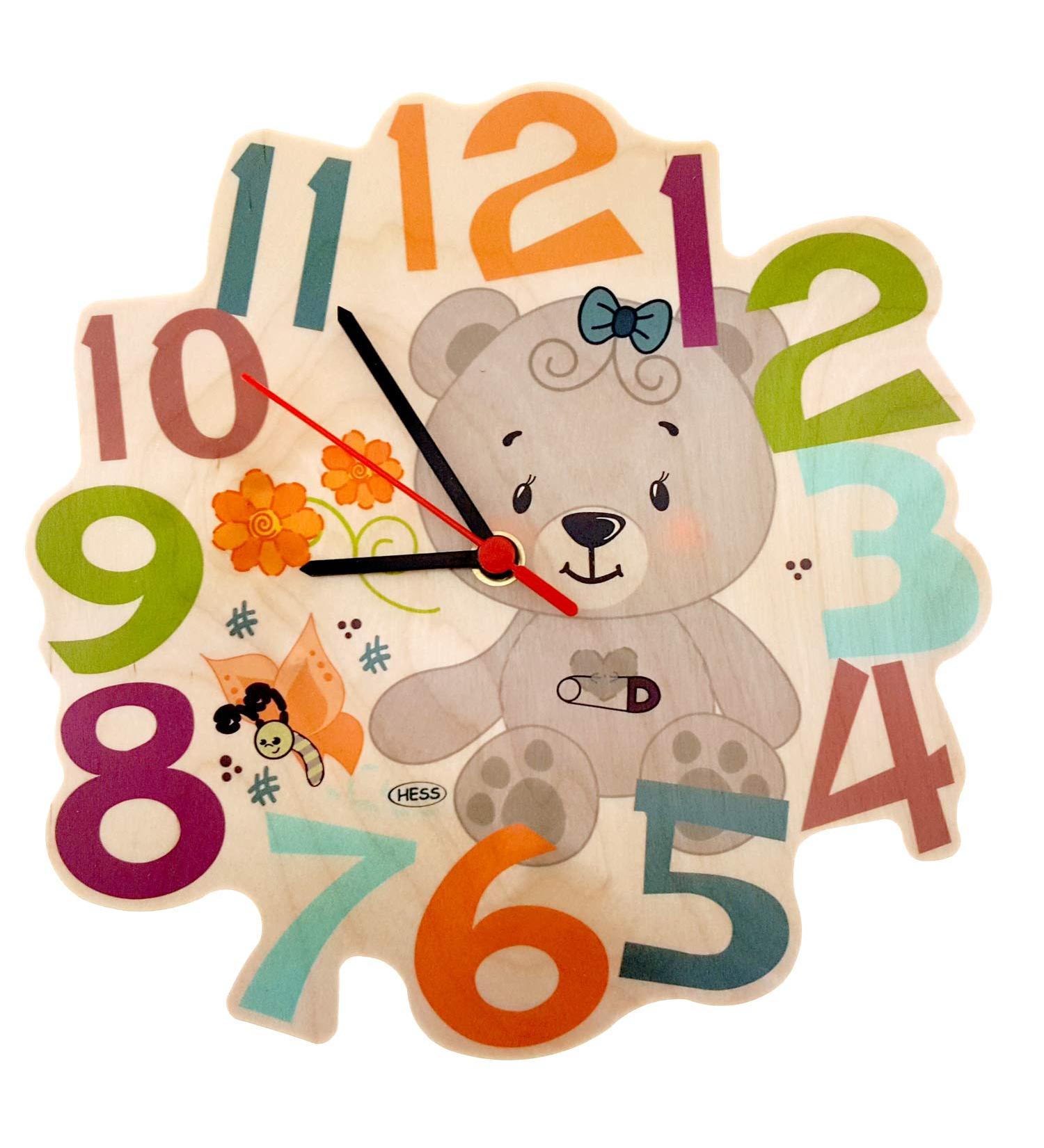 Hess wooden toy 30012 - Wood clock for children B r Nature series with quartzrugwerk handmade diameter approx. 24 cm colorful time pointer for the children's room