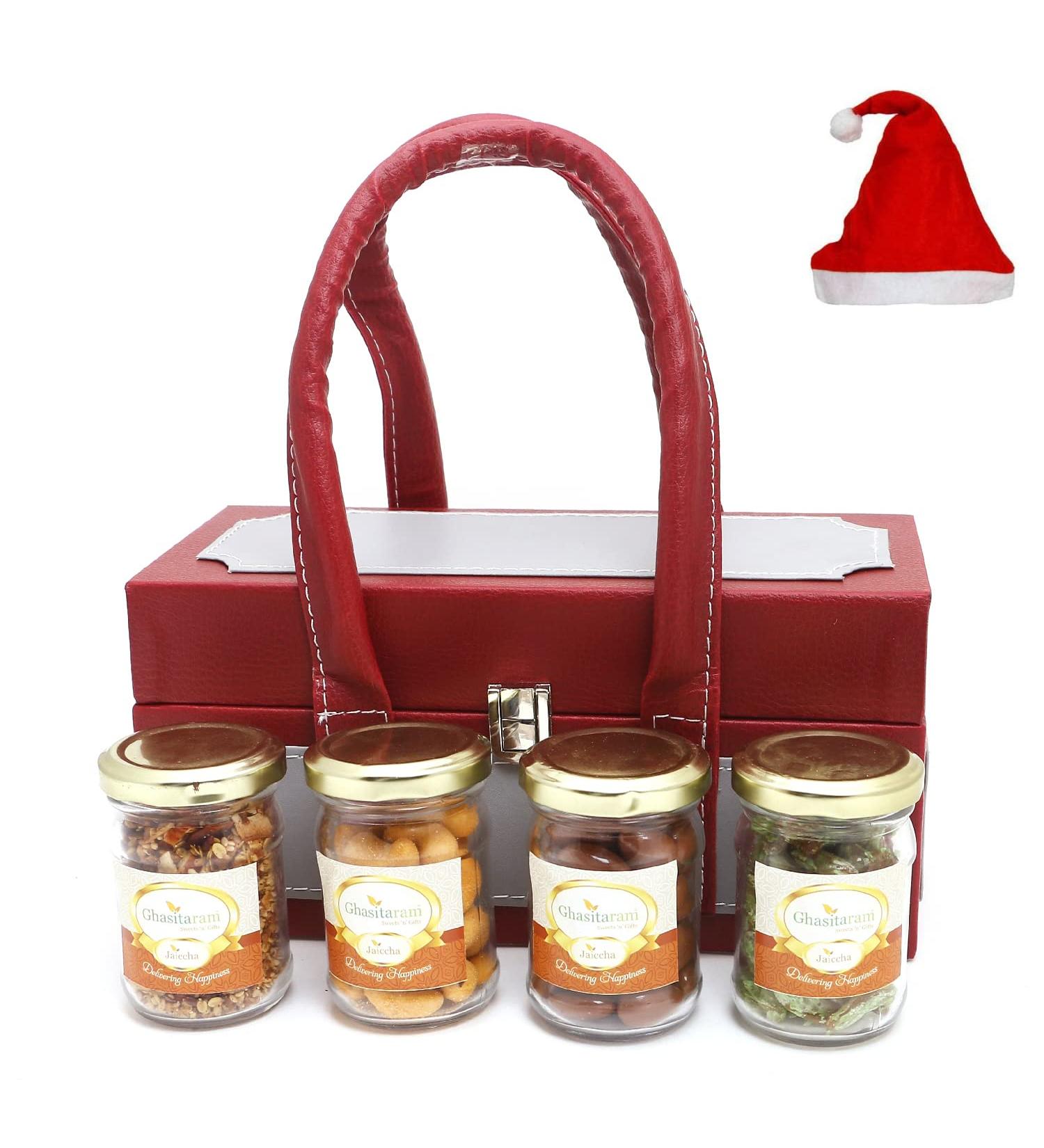 Jaiccha Ghasitaram Christmas Gifts Box of Choco Almonds Cashews Raisin & Mukhwas Jars Box Of Choco Almonds Kaju Raisin Mukhwas Jars Cap - Buy Online on SooperMarket.com