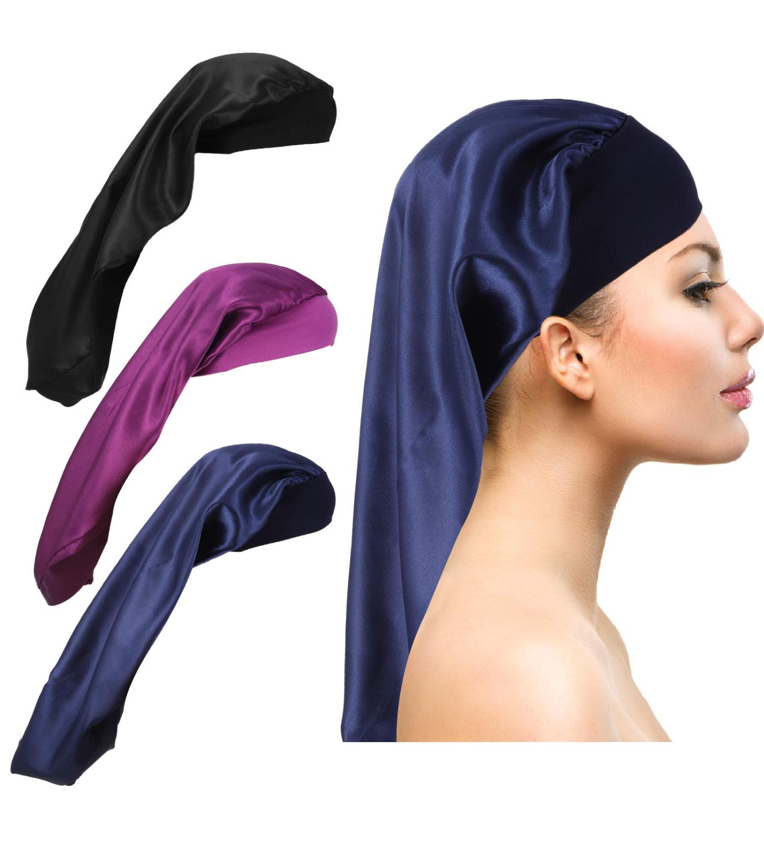 Firtink 3 Pcs Long Satin Bonnet Sleep Cap Set for Natural Hair - Black, Navy, Purple - Wide Elastic Band for Women - Extra Large Silk Bonnet for Night Sleep - Buy Online on SooperMarket.com