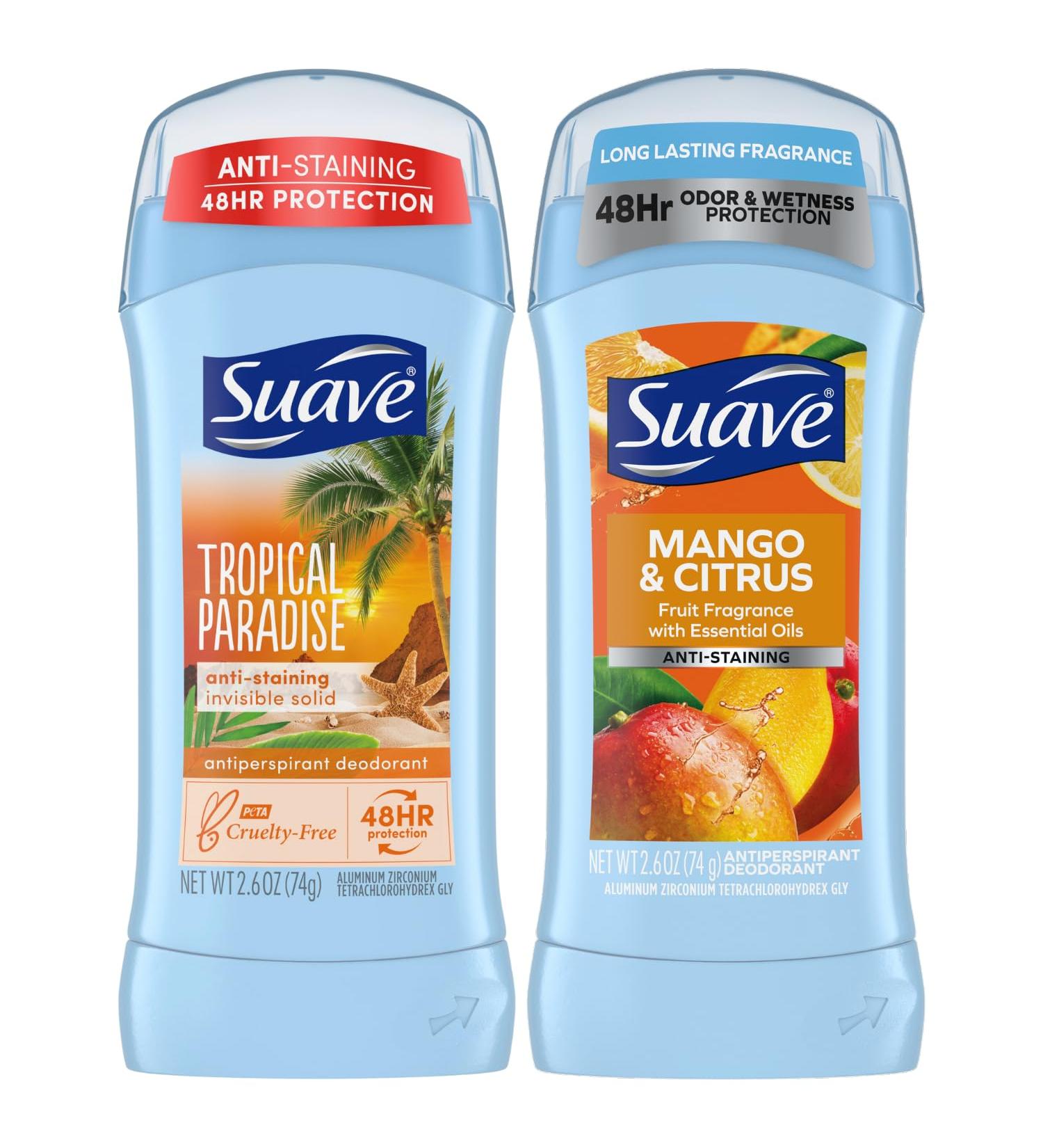 Suave Deodorant Antiperspirant for Women Variety Pack Tropical Paradise + Mango & Citrus Invisible Solid 48H Protection Anti-Staining 2.6 Oz Ea (2 Piece Set) - Buy Online on SooperMarket.com