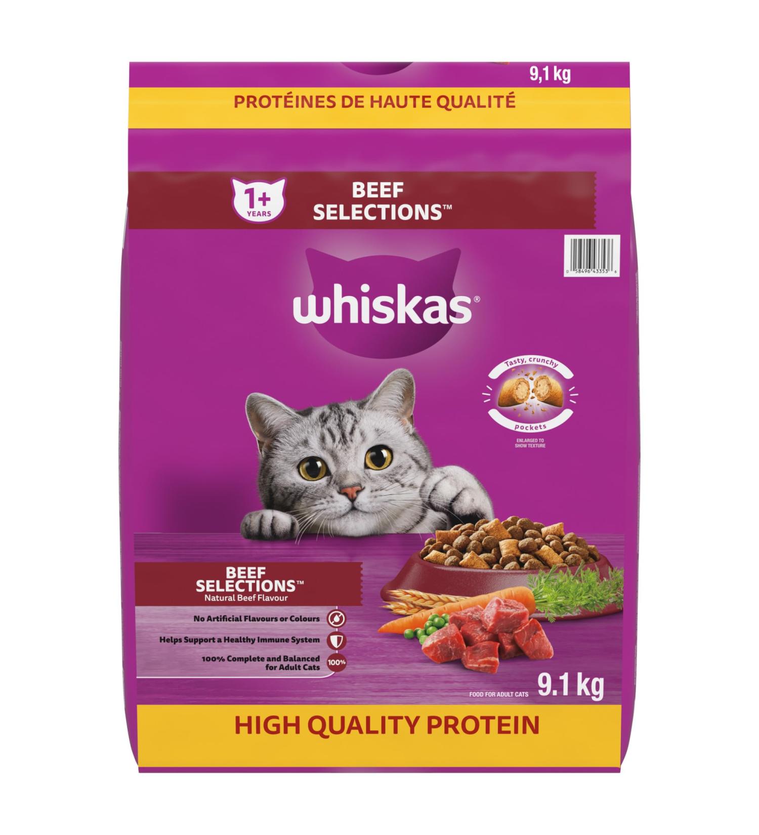 WHISKAS Adult Dry Cat Food - Beef Selections Flavour 9.1kg Bag - Buy Online on SooperMarket.com