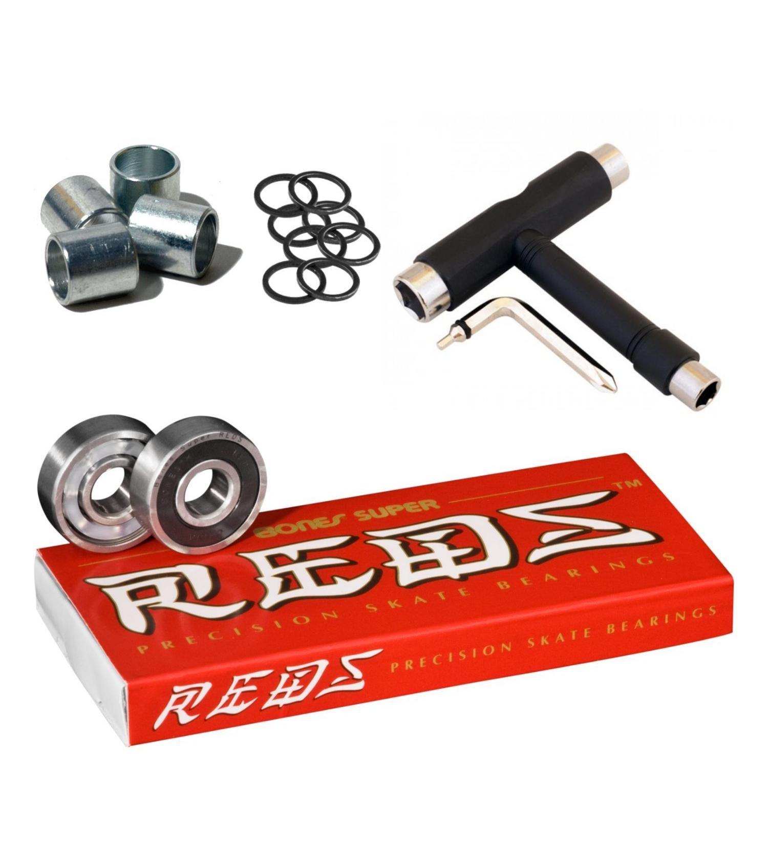 Bones Super Reds Bearings, 8 Pack Set with Spacers, Speed Rings, and T-Tool