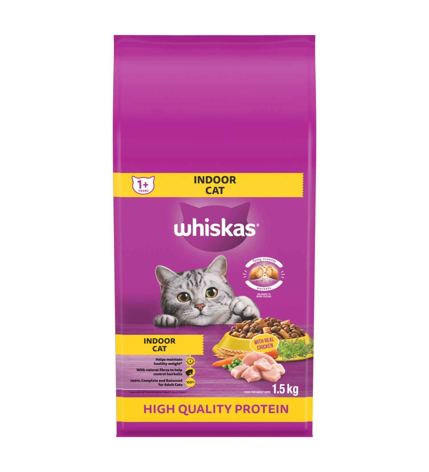 WHISKAS Adult Dry Cat Food - Indoor With Real Chicken 1.5kg Bag - Buy Online on SooperMarket.com