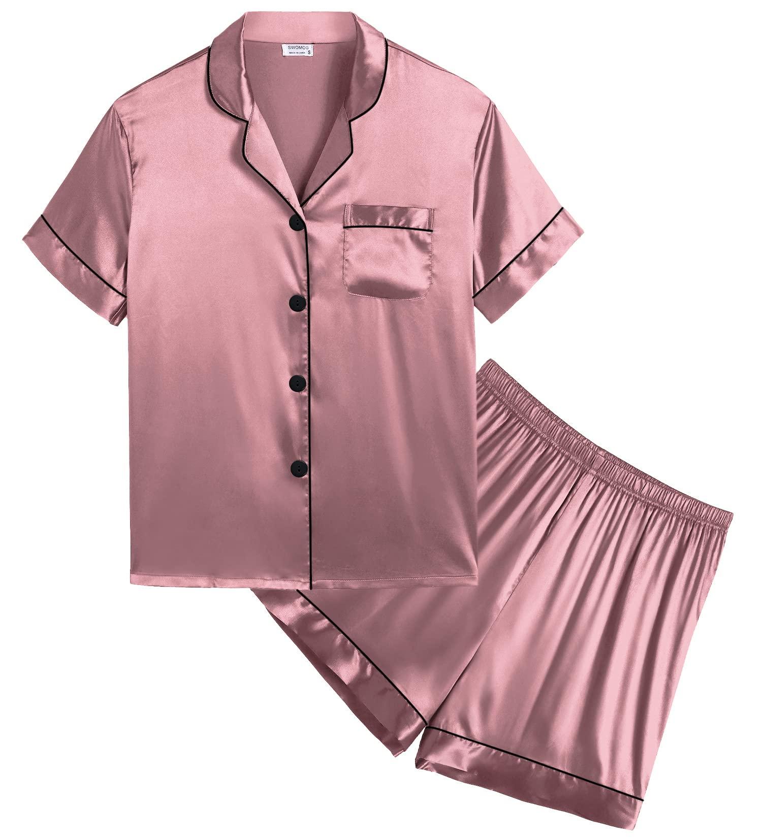 SWOMOG Kids Silk Pyjamas Set | Short Sleeve Button-Down Satin PJs | Misty Rose | Ages 4-16 - Buy Online on SooperMarket.com