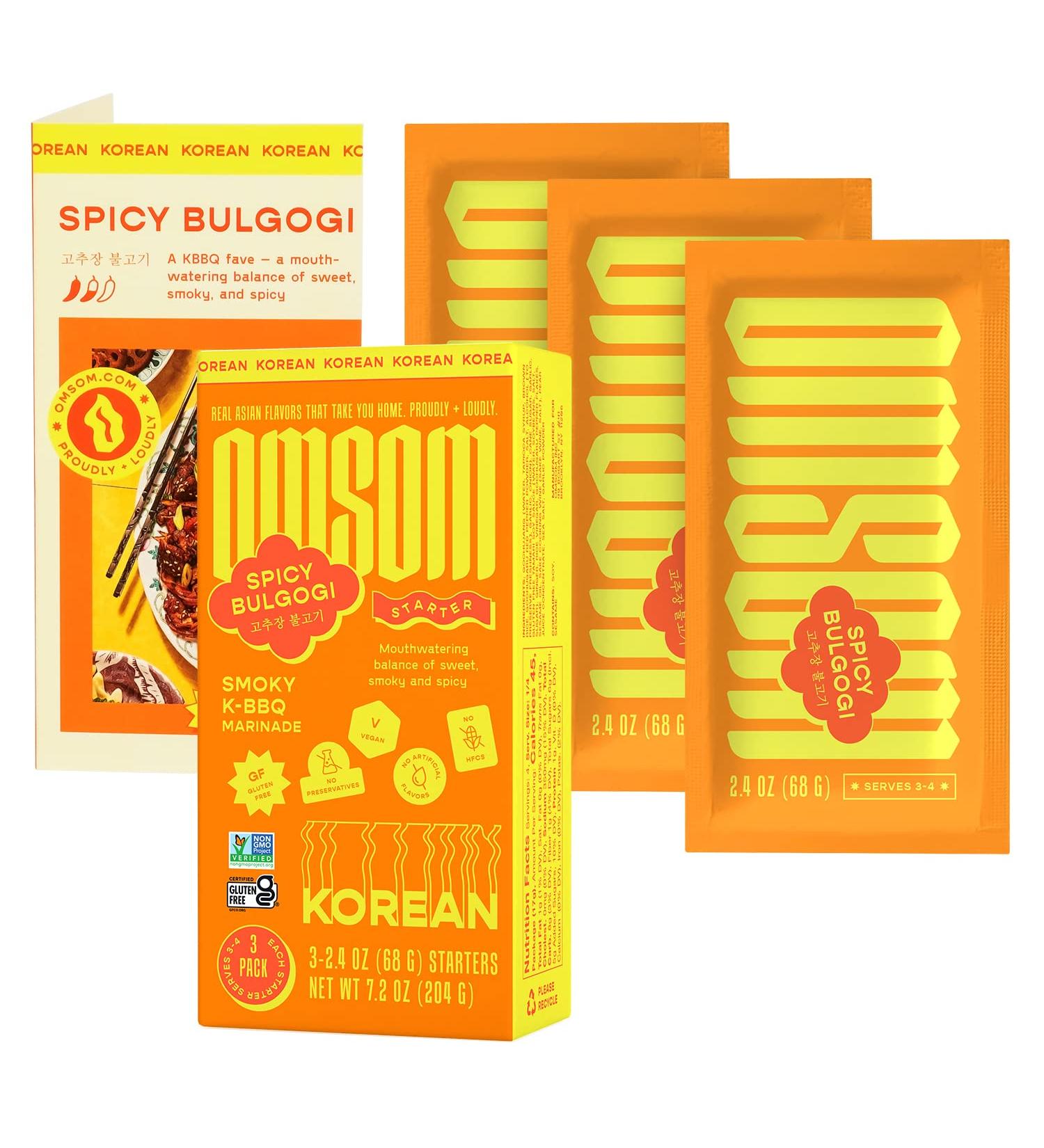 Omsom Korean Spicy Bulgogi Sauce - All-In-One Asian Sauce Packets | BBQ Marinade & Stir-Fry | Gochujang, Vegan, Gluten-Free, Non-GMO | 3 Packets (2.4 oz) - Spicy Korean BBQ - Buy Online on SooperMarket.com