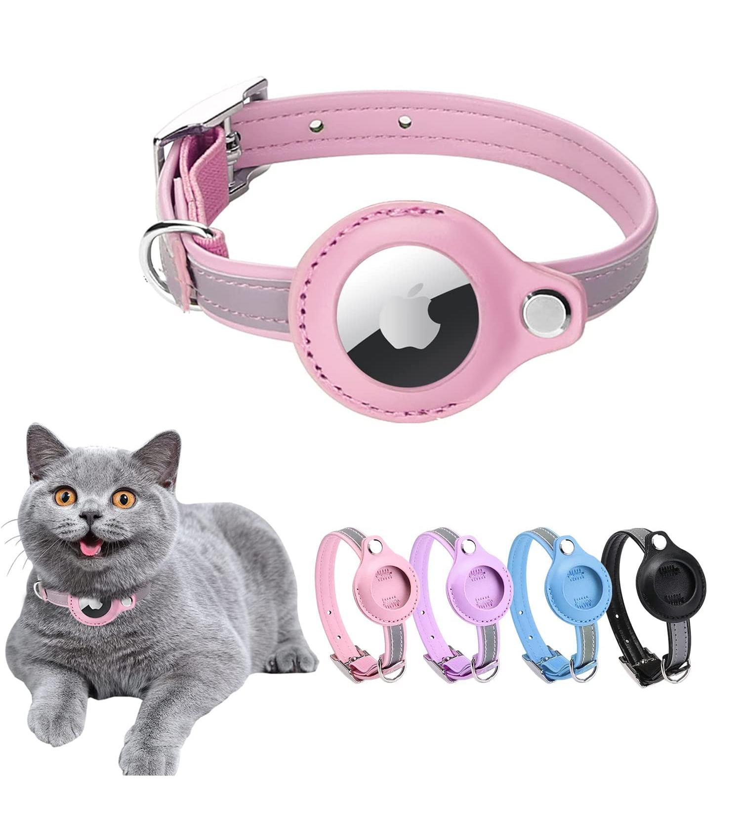 Adjustable Leather Airtag Cat Collar - Reflective GPS Tracker for All Cat Sizes | Anti-Lost Airtag Neck Band in Pink (S 24-31 cm) - Buy Online on SooperMarket.com