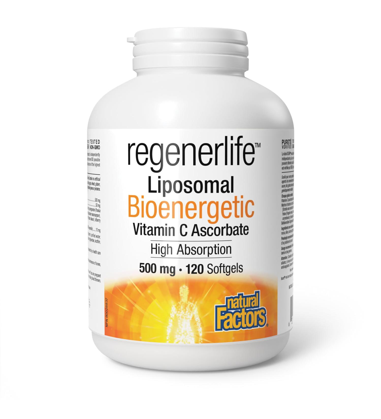 Natural Factors Regenerlife Liposomal Bioenergetic Vitamin C Ascorbate 500 mg 120 softgels High Absorption Stomach-Friendly Supports Bones Teeth Cartilage Gums and Immune Health Antioxidant - Buy Online on SooperMarket.com