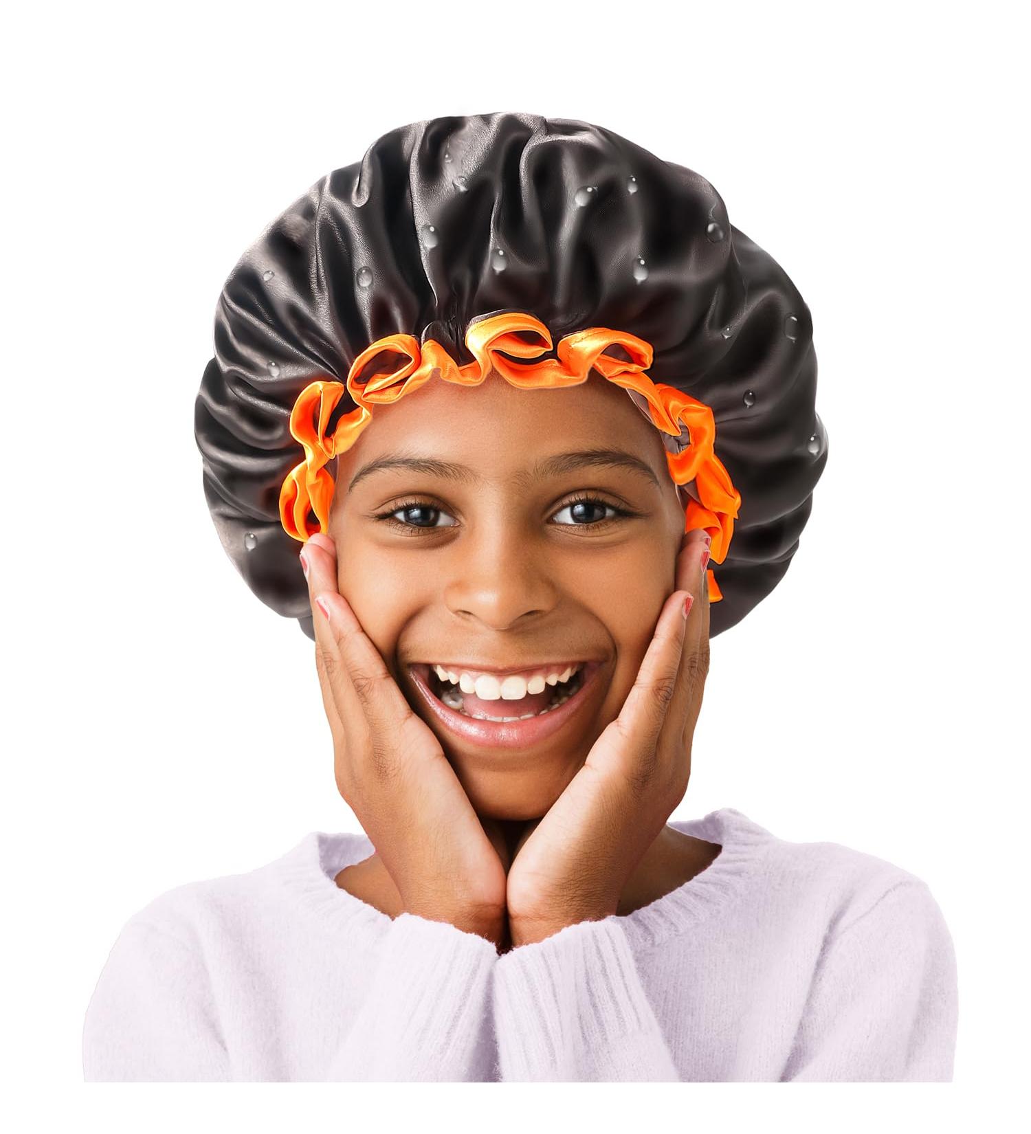 Kids Small Black Shower Cap | Double Layers Waterproof Bathing Hair Cap | Reusable & Comfortable | Non-fading & Stretchy Shower Hat | Pack of 1 Black + Orange - Buy Online on SooperMarket.com