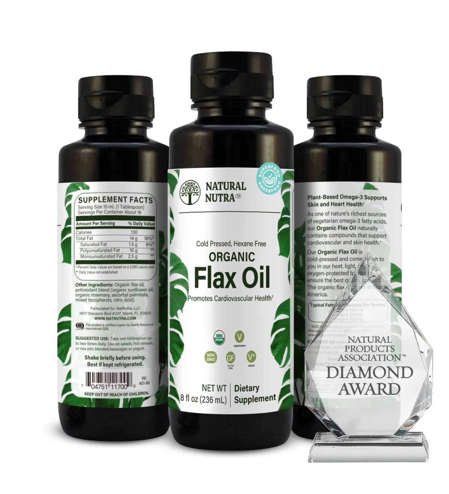 Natural Nutra Organic Flaxseed Oil Liquid Supplement - Vegan Source of Omega 3 6 9 for Cognitive Function & Joint Health - 8oz - Buy Online on SooperMarket.com