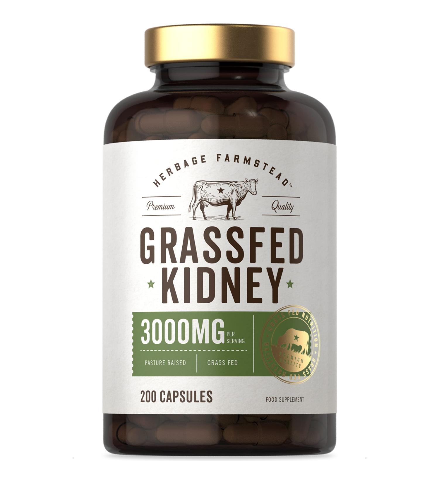 Organic Grass Fed Beef Kidney Supplement | 3000mg | 200 Capsules | Dried & Desiccated | No Preservatives | Herbage Farmstead - Buy Online on SooperMarket.com