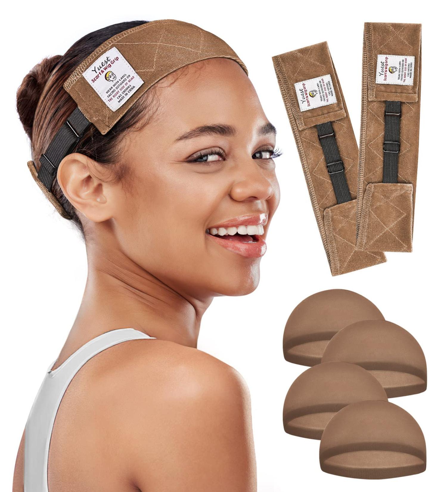 Wig Grip Bands - Yuest Velvet Headband for No-Slip Wig Security (Brown, 2 pcs) + 4 Wig Caps - Buy Online on SooperMarket.com