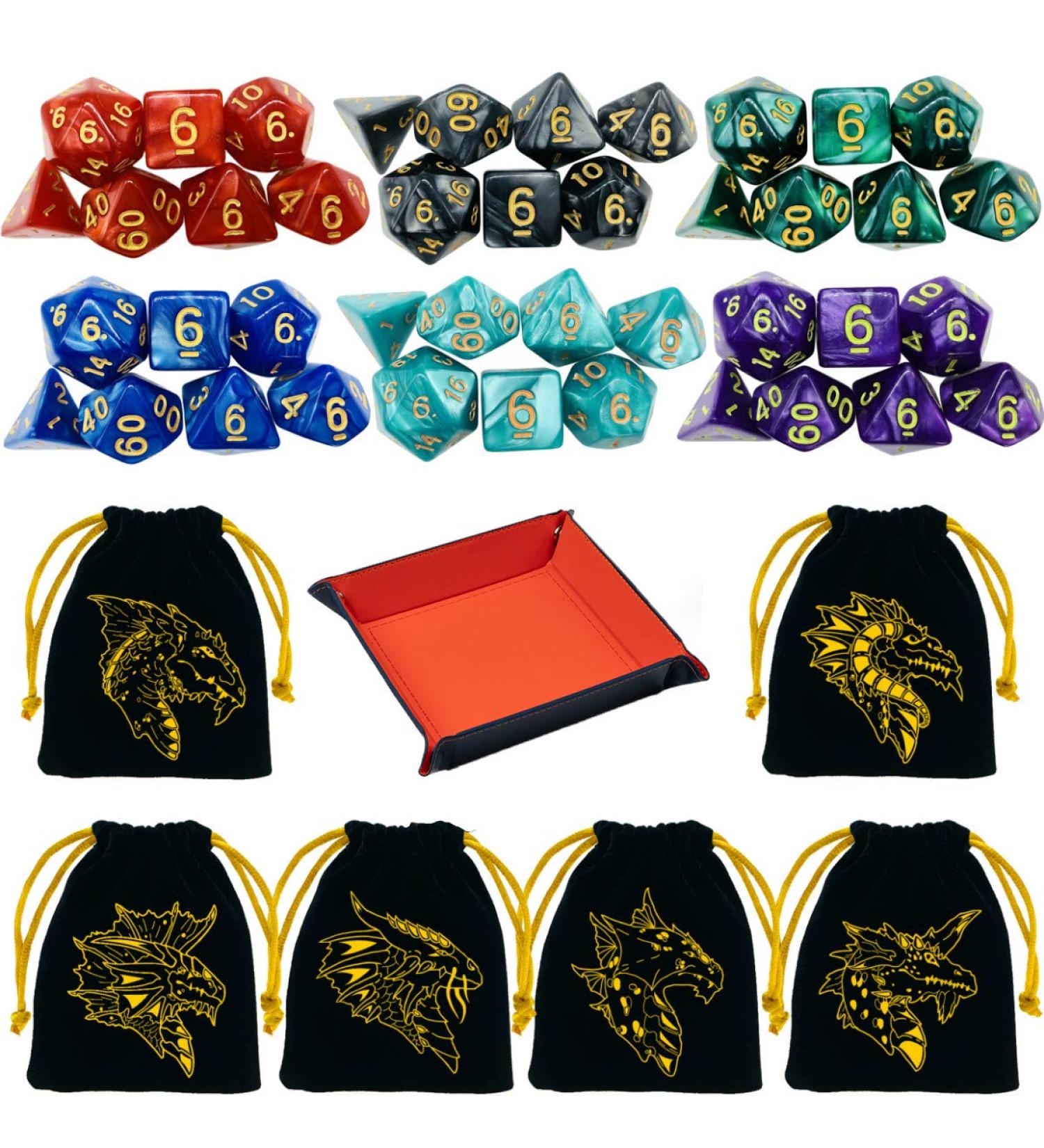 DND Polyhedral Dice Set - 6 Sets with Free Drawstring Bags and PU Leather Tray - Buy Online on SooperMarket.com