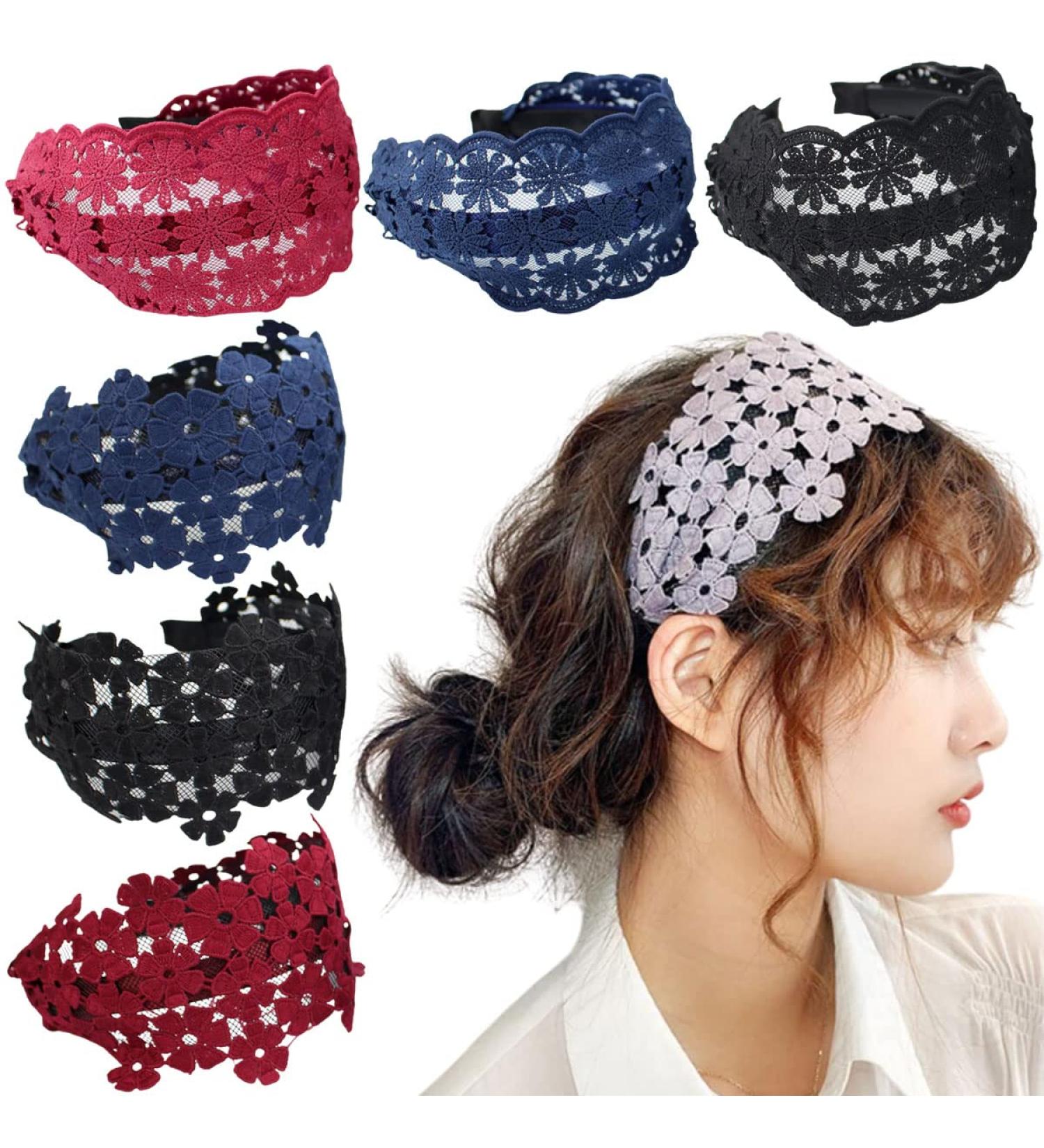 FZBNSRKO 5 Pcs Wide Lace Headband for Women and Girls - Non-Slip Floral Lace Headbands in Random Colors - Buy Online on SooperMarket.com