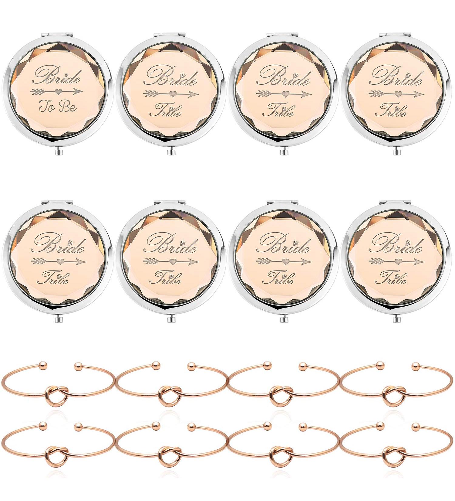 8-Pack Bridal Party Makeup Mirrors and Bracelets Set - Bride to Be Mirror, 7 Bride Tribe Mirrors, Bridesmaid Love Knot Bracelets for Bachelorette Party - Champagne - Buy Online on SooperMarket.com