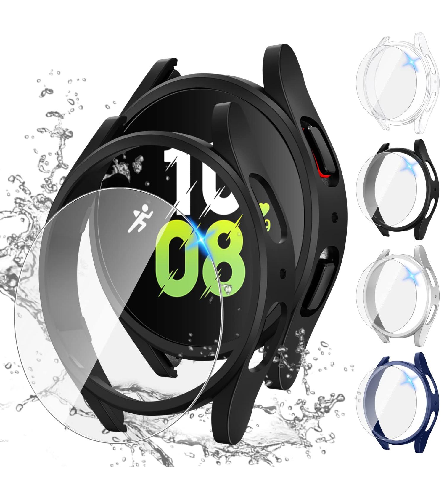 Tensea 4+4 Pack Galaxy Watch 5 & 4 Screen Protector and Case Set 44mm - Anti-Fog Tempered Glass Film with Hard PC Bumper Cover - Clear/Black/Silver/Blue - Buy Online on SooperMarket.com