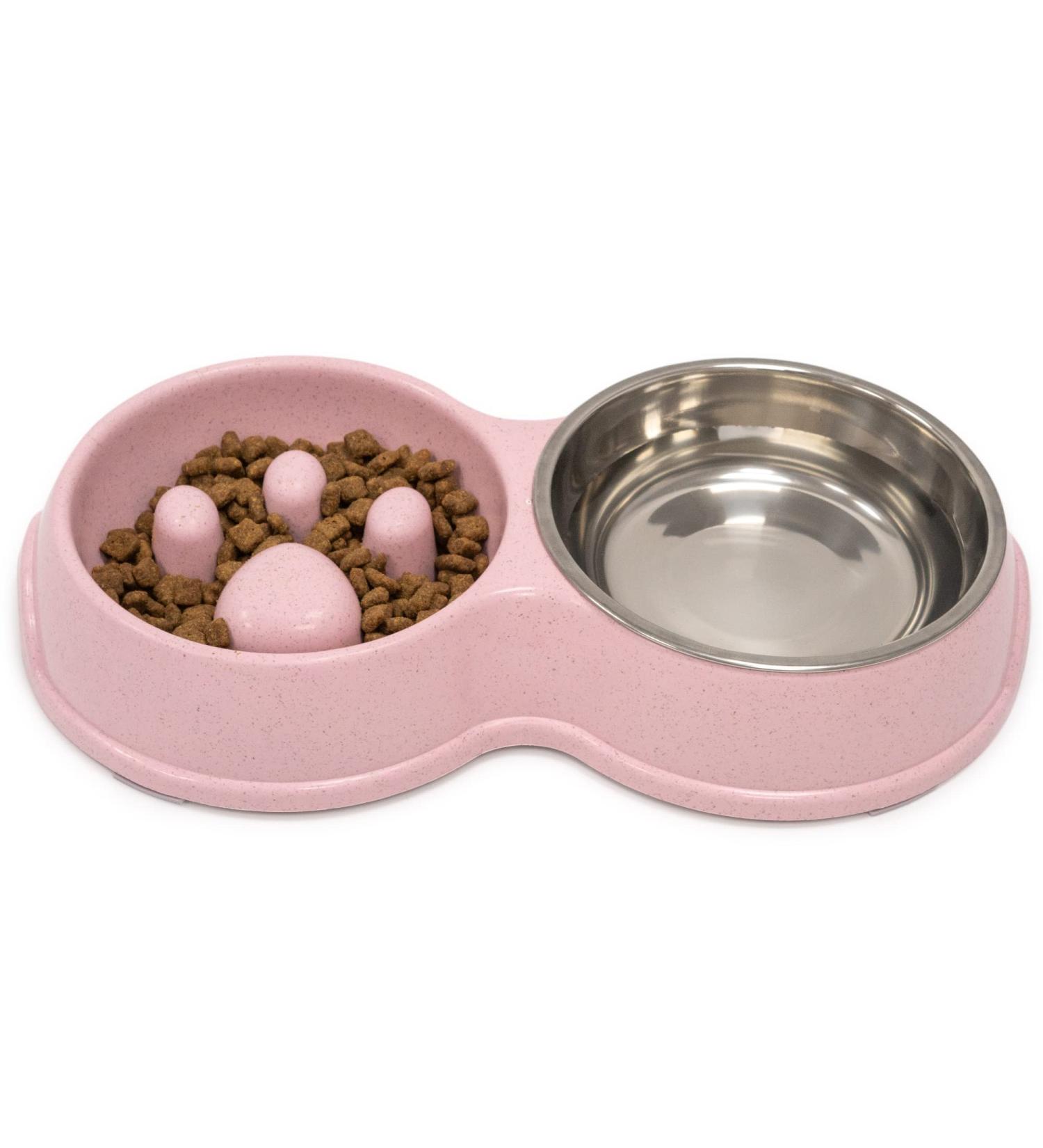 Fur & Bone Double Slow Feeder Dog Bowl | Raised Non-Slip Cat Food & Water Bowl | Stainless Steel, Pink - Buy Online on SooperMarket.com
